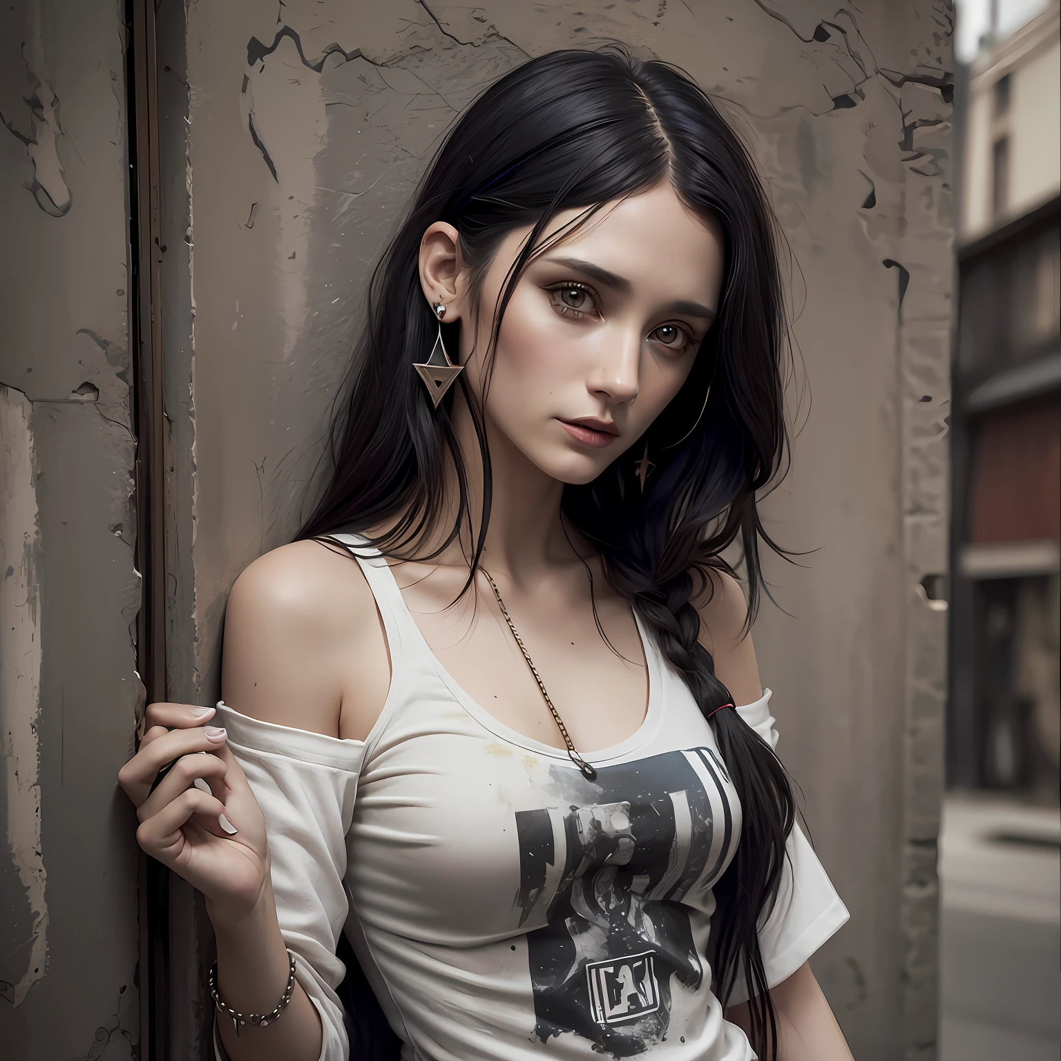 retro emo hippie clothes ,normal teen women , star wars style, alone female , hair behind earrings skinny Clothes from red indian native Tibetan monk thin cotton lost amazon tribe Rooney Mara blake lively body zooey deschanel hair an face girl next door. looking at camera sexy face , features thin cotton shirt blouse watercolor paint wash illuminati symbolism , marvel comic character, marvel comic art, black border, , look of skinny European woman girl homeless gaunt, drug addict, zombie crazy killer vampire gaze, women lips mouth, meth drug abuses viens, octane render and 4k resolution, digital art, no leather,