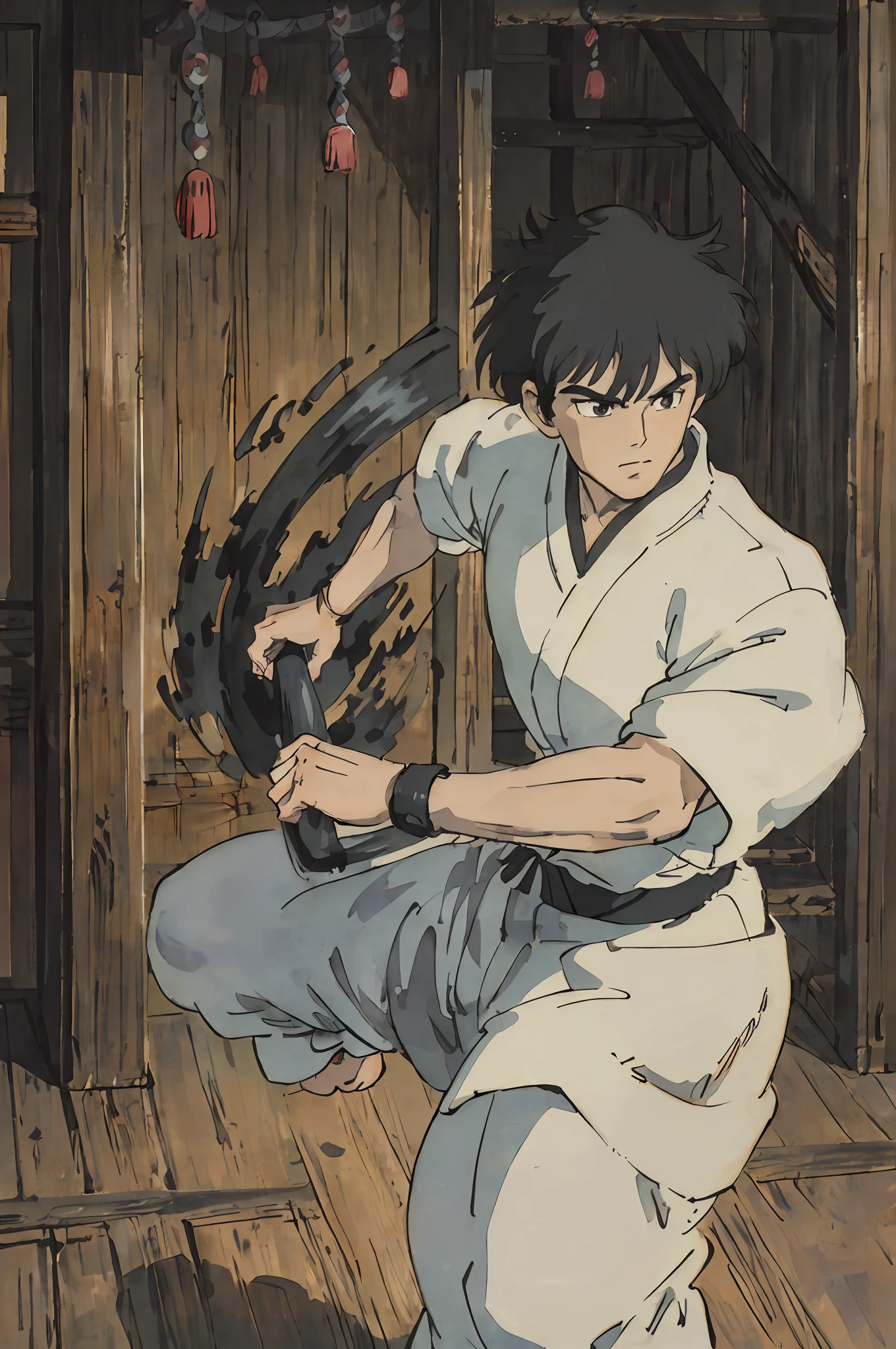 (8k, RAW photo, best quality, masterpiece:1.2), ultra detailed, official art, upper body shot, marvel Shang-Chi, all white with black details costume, boxing ring, film grain, action pose, ghibli style, ghibli art style, studio ghibli anime style, 1elegant male, (black hair), ((masterpiece)), serious