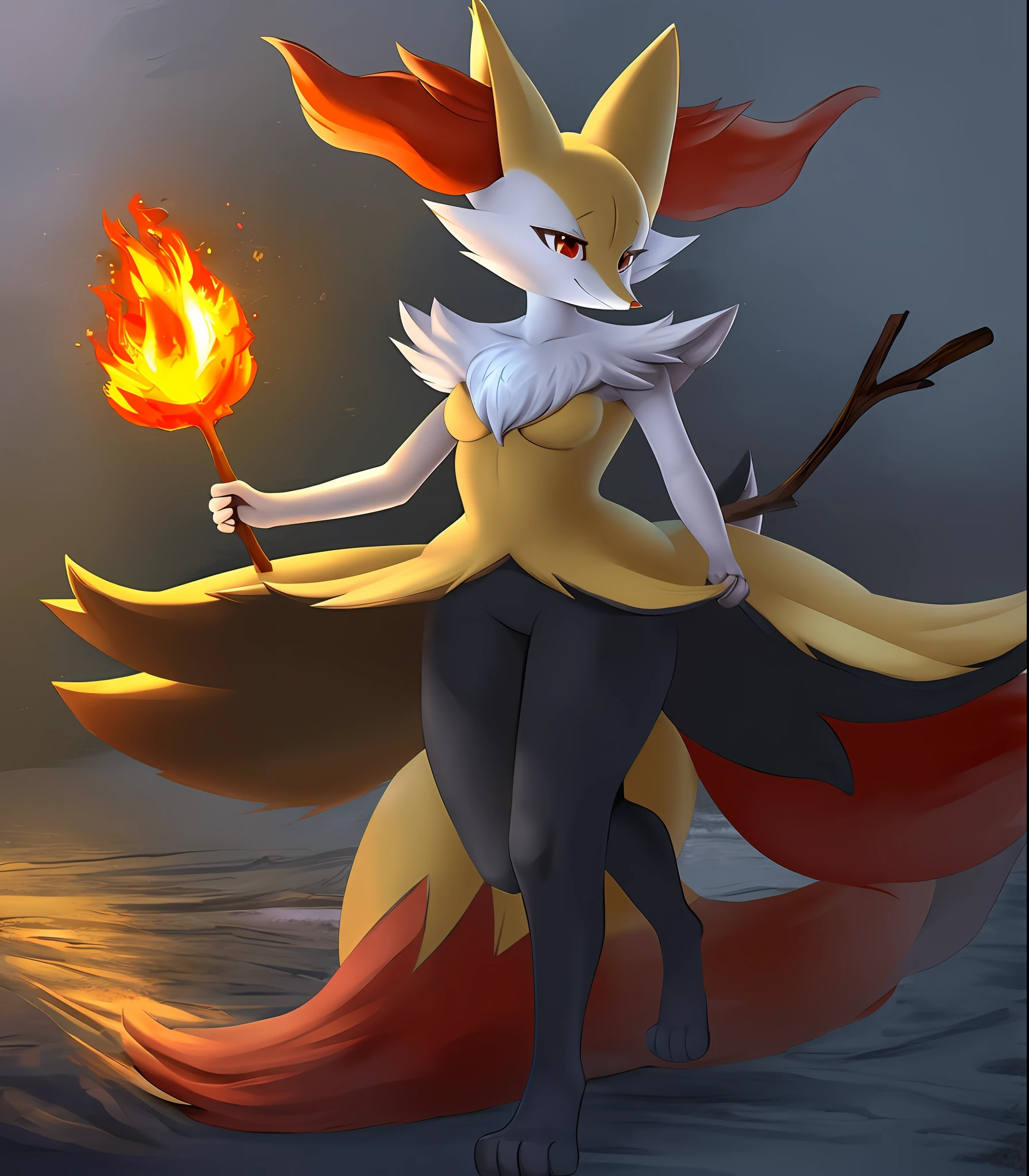 Braixen, ((beautiful portrait)), ((masterpiece)), ((detailed shading)), ((high definition)), (anthro braixen), fox girl, big cute clear eyes, happy expression, curvy body, thick tighs, medium boobs, fox feet, (holding a stick; (flame in tip): 1.4)