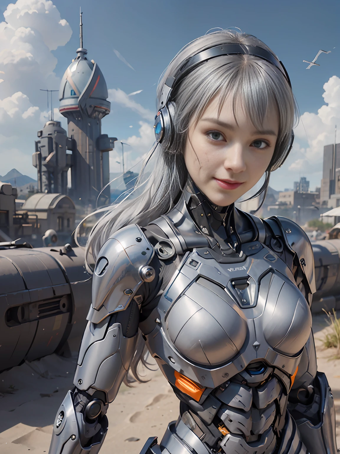 Girl in futuristic suit with weapon, in front of the city of gunsmoke, the seaside of gunsmoke, the battlefield, real woman, real face, cute girl, smile, scars on her face, perfect cyborg girl wearing sci-fi headphones, beautiful female , beautiful girl cyborg, silver hair, manipulator, CG, 4K,