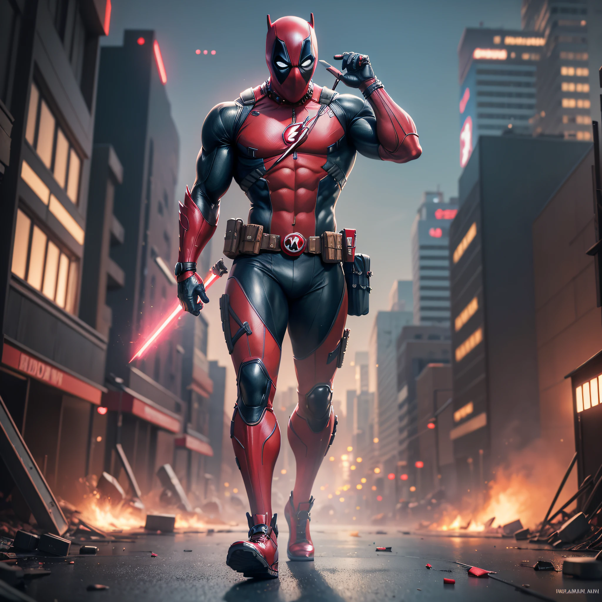 8k, realistic, charismatic, very detailed, Deadpool, The Flash, Symbiote, Superhero Theme, Full Body, ray-traced images of Arthur Pan, trends on Artstation, digital art, red and cinematic lighting, dramatic shadows and beautiful vivid colors capture scenes. Romantic art style, suit, Flash suit, Deadpool logo, flat perspective, character standing, perfect face --auto --s2