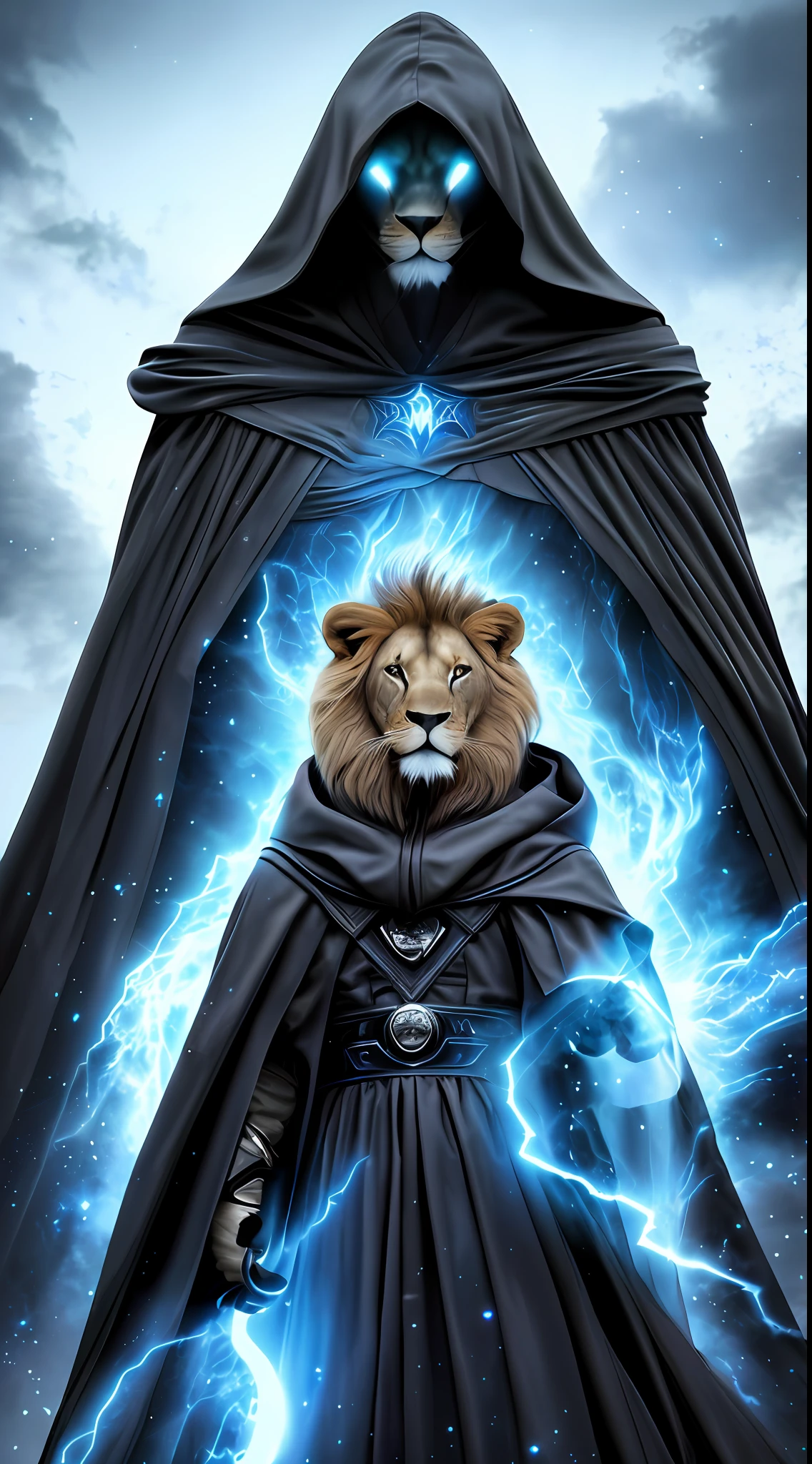 photograph of a lion wearing hooded cape, in an imposing and leading pose, deep scenery, baby blue nebula in the background, cinematic style, ultra realistic, rays coming out of the eyes giving the impression of power and magic, ultra realistic 8k photography, HDR, RTX, 200mm lens, photo taken from afar, soft strokes, high contrast, best aspect ratio, better anatomy, Better resolution, dramatic light, whole body.