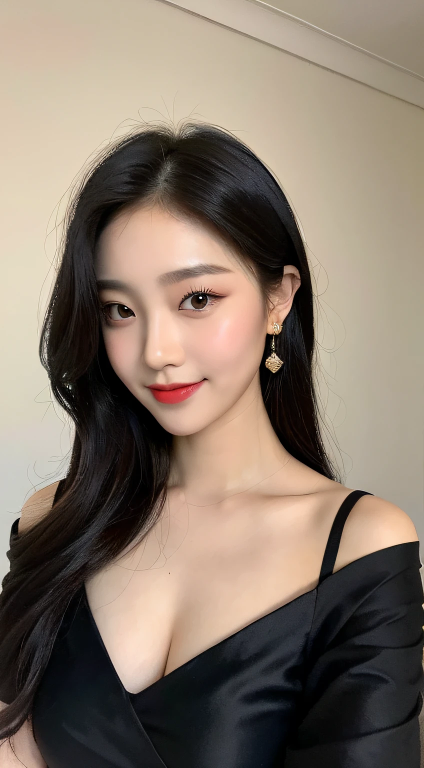 (Best quality, 8K, masterpiece:1.3)) , (one person: 1.4), 1girl, a Korean woman, a goddess, 25 years old, costume photography, lower perspective, portrait photography, aperture F1.2, focal length 24mm, (upper body: 1.2), smile, pose for photo, off-the-shoulder, lace bra, black dress, fabric flowing, (silk fabric), long black hair, double detailed skin details, detailed fabric texture