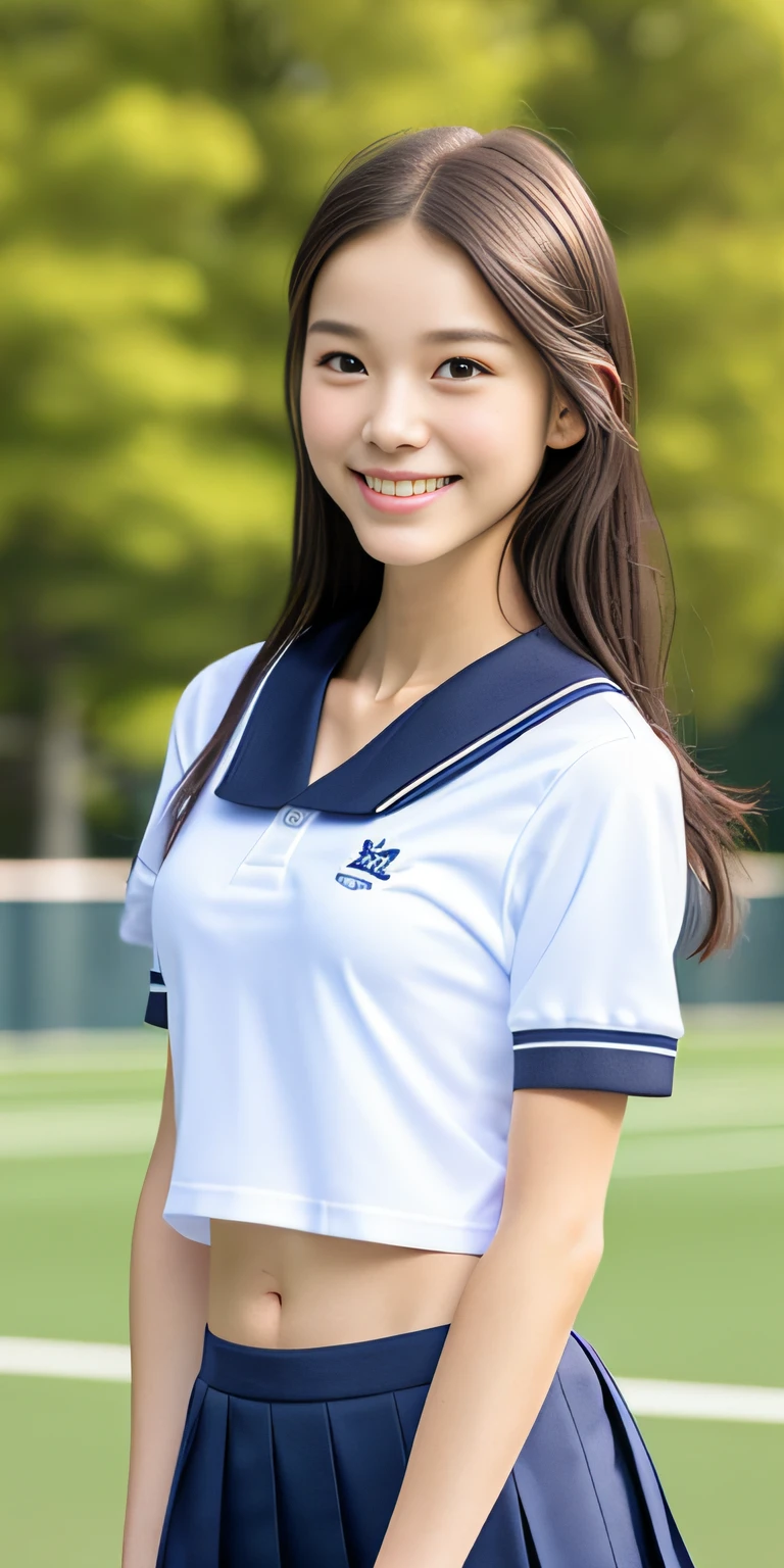 neat college girl, ite, (school uniform, summer clothes, short sleeves), outside the athletic field, (slim), photorealistic, detail, skin texture, ultra detail, delicate sexy collarbone, smile, super detailed face, detailed lips, detailed eyes, breast enhancement, waist thin