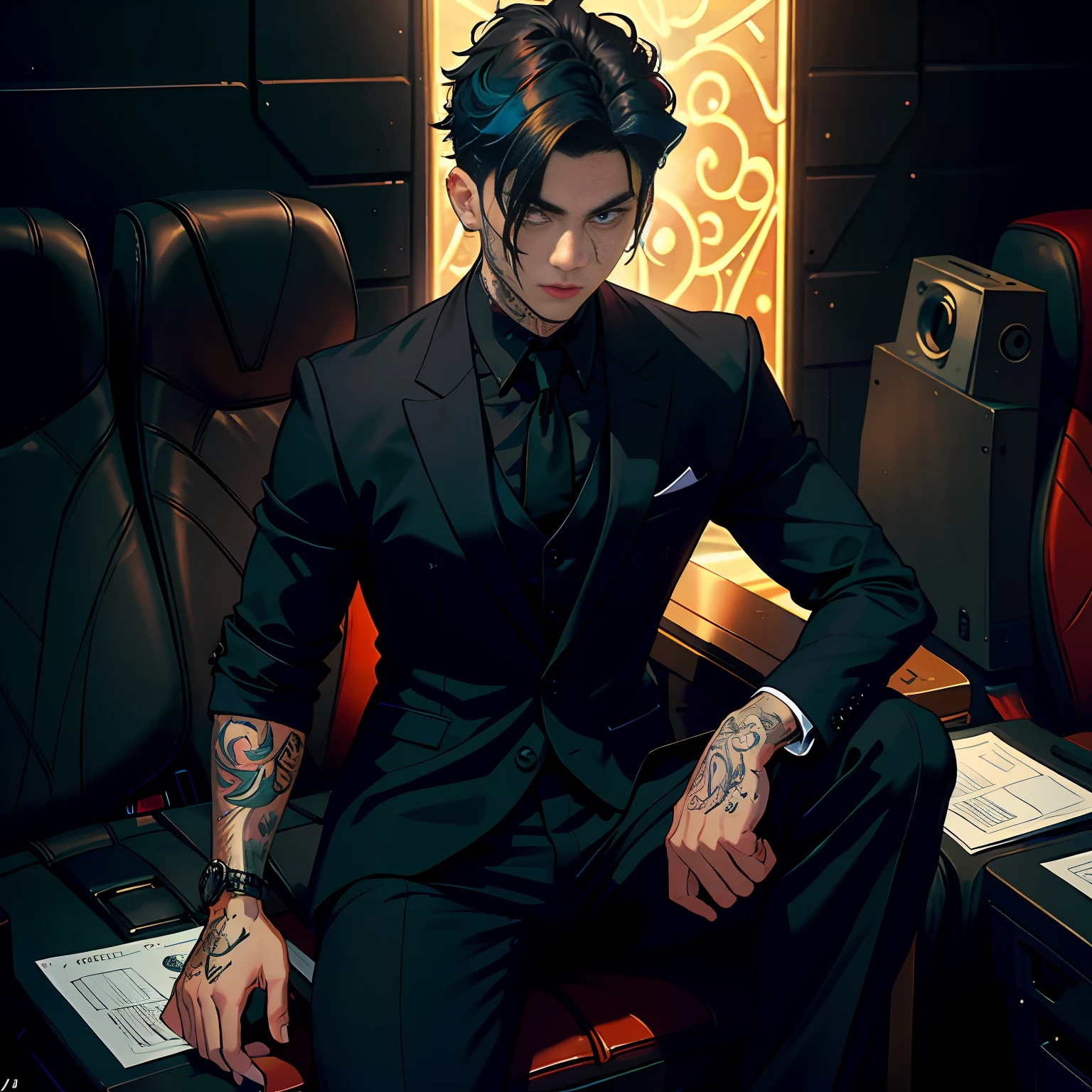 1boy, 20 years old, short black hair, tattoos on the neck, muscular, wearing a black suit and shirt, raised hands, sitting in the auction seat, behind the rows of seats, sitting rich businessmen from all over the world, lights, similar to cinema scenes, colorful, magnificent, master works, super high detail, masterpieces, the best picture quality