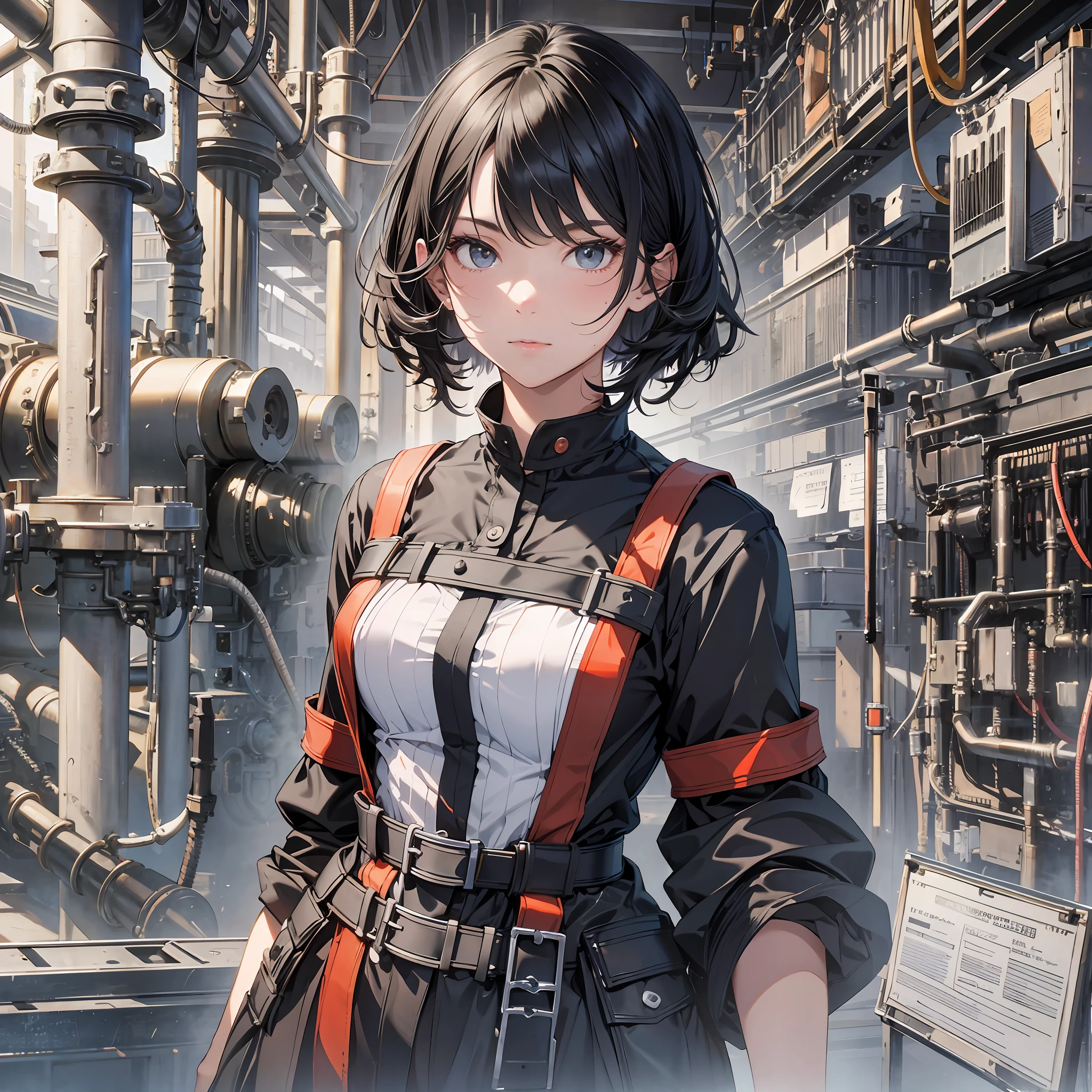 Absurd resolution, high resolution, (masterpiece: 1.4), hyper-detail, technician dressed as a black-haired young woman, expecting a curious expression, inside the factory