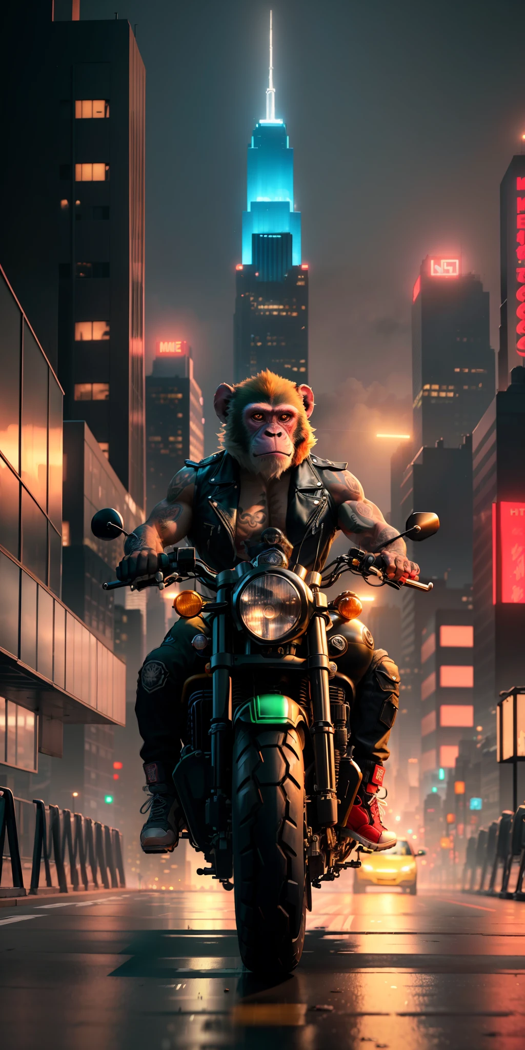 ((best quality)),((ultratailed)), ((masterpiece)), illustration, Scene structure: Animal monkey personified as a gangster, with monkey face and human body. He has a muscle build and tattoos on his body. He rides his motorcycle in the city, with tall buildings behind him and flashing neon lights. Immediate composition: Monkey-gangster, animal personification, riding motorcycle, tattooed body, muscle building, cityscape, tall buildings, neon Substance 3D lights, Octane rendering, (hdr: 1.3)