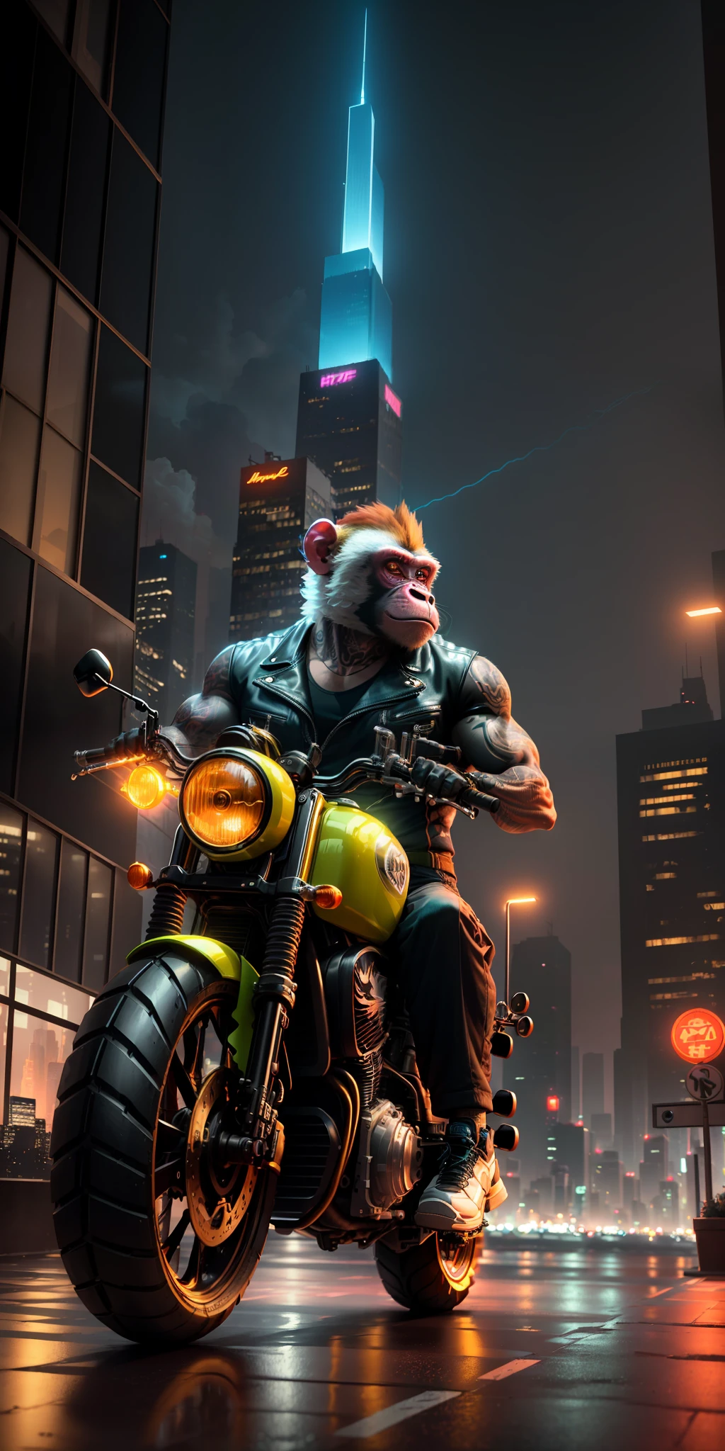 ((best quality)),((ultratailed)), ((masterpiece)), illustration, Scene structure: Animal monkey personified as a gangster, with monkey face and human body. He has a muscle build and tattoos on his body. He rides his motorcycle in the city, with tall buildings behind him and flashing neon lights. Immediate composition: Monkey-gangster, animal personification, riding motorcycle, tattooed body, muscle building, cityscape, tall buildings, neon Substance 3D lights, Octane rendering, (hdr: 1.3)