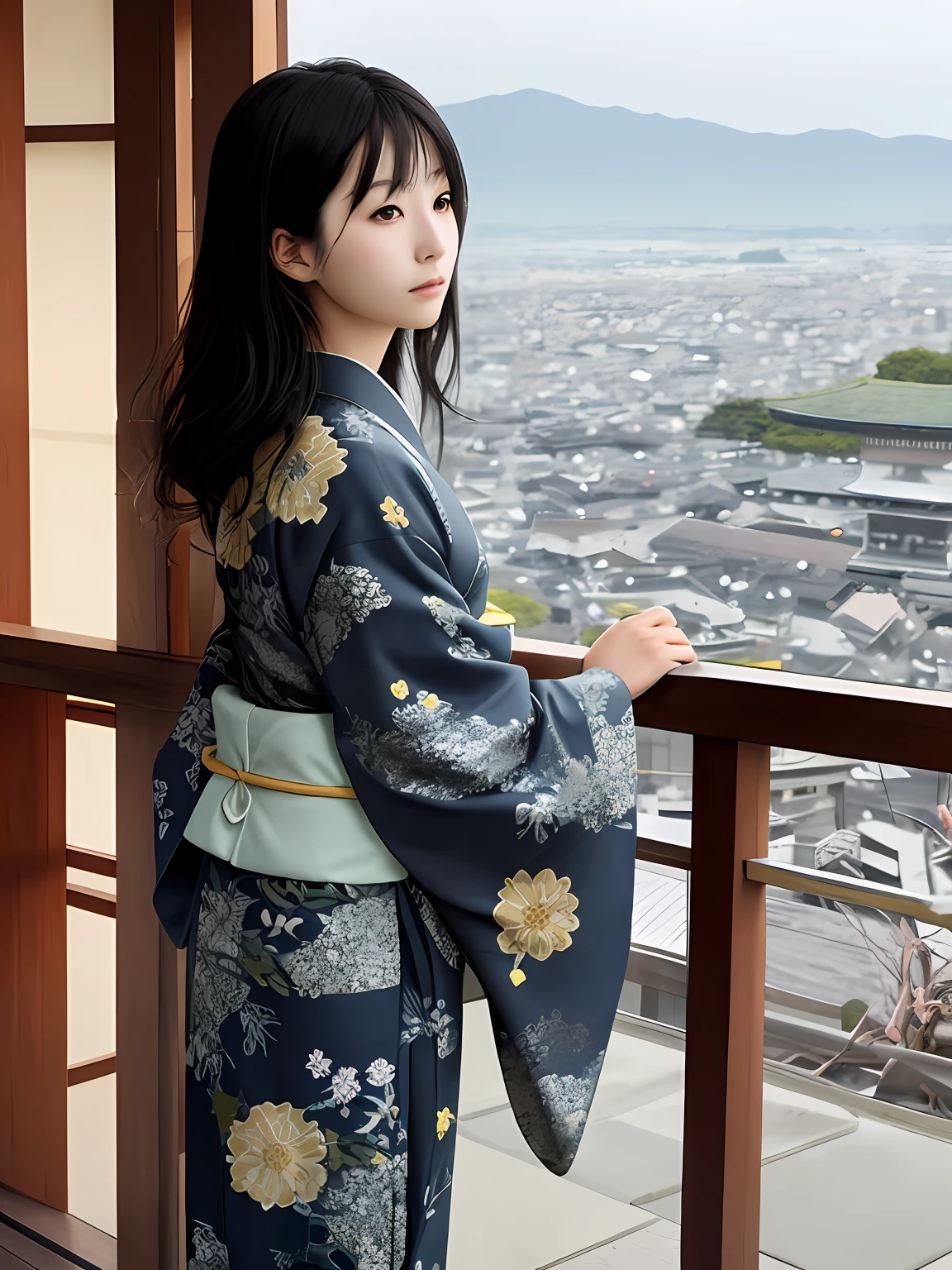 Beautiful girl, wearing kimono, Japan style, black hair, Kyoto cityscape, morning haze, neat atmosphere