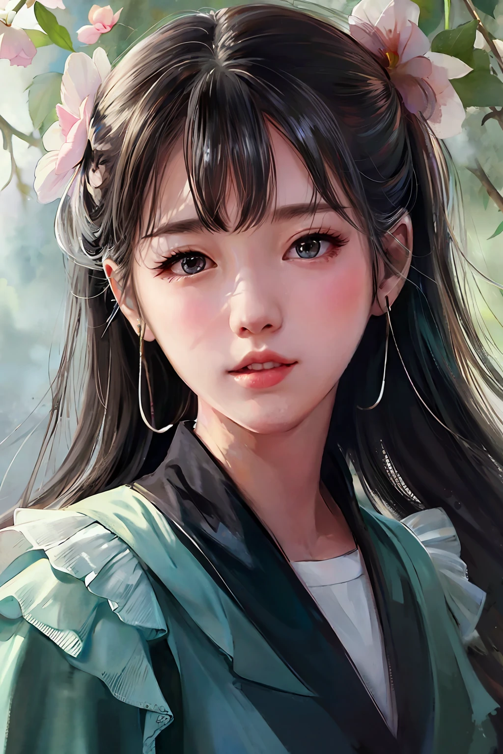 stechu, (light blue sky background: 1.4), ((tachi-e)), original, (illustration: 1.1), (best quality), (masterpiece: 1.1), (very detailed CG unity 8k wallpaper: 1.1), (color: 0.9), (panoramic shot: 1.4), (single: 1.2), (splash ink), (splash color), ((watercolor)), clear and sharp focus, { 1girl standing }, ((korean Style )), flower background, outdoors, rocks, looking at the viewer, making happy expressions, soft smiles, pure, beautiful delicate face and eyes, delicate clothing pattern details, black hair, dark eyes, aqua
