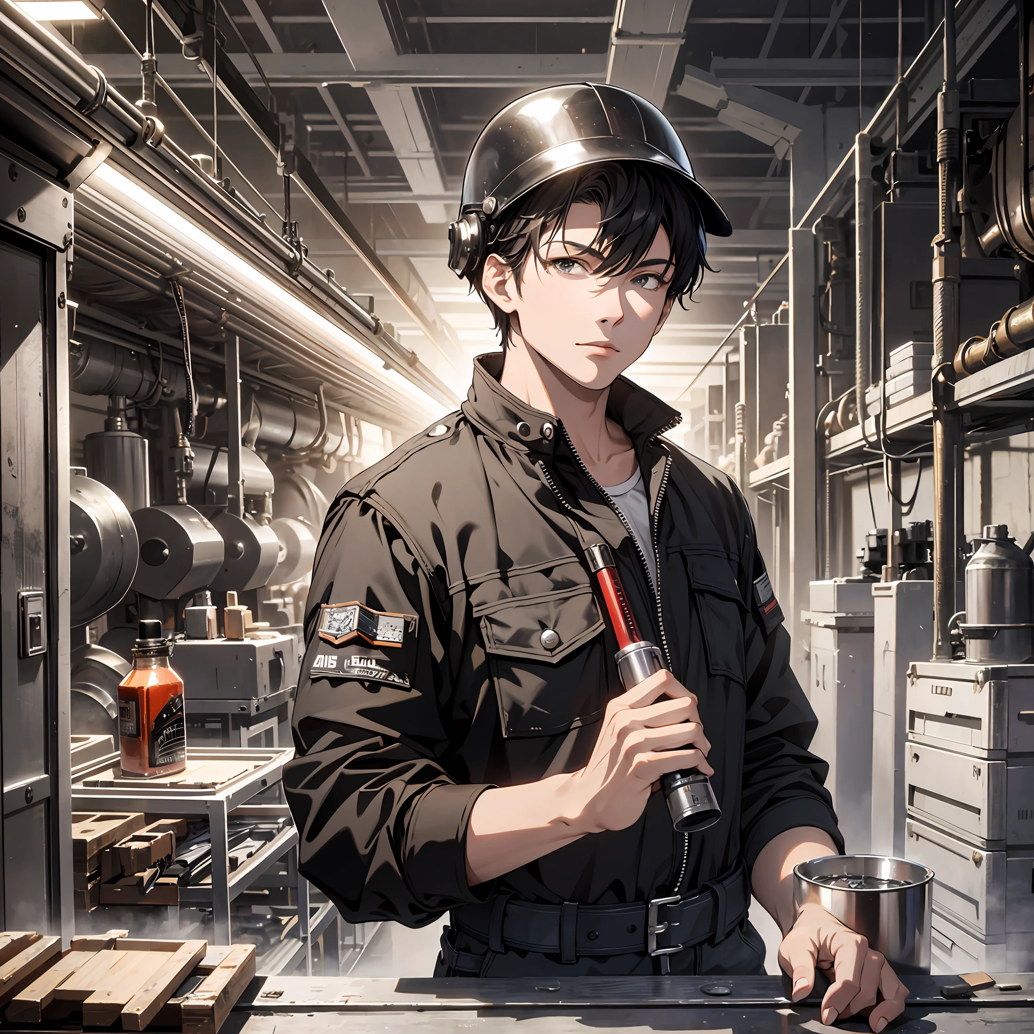 Absurd resolution, high resolution, (masterpiece: 1.4), hyper-detailed, young man dressed up as a black short-haired welder, standing inside the factory