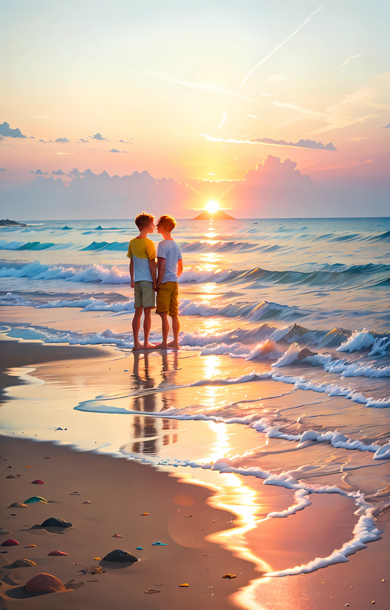 An absolutely enchanting morning sun on the beach, mixed with oranges, pinks and yellows in the sky. The water is crystal clear, gently kissing the shore, and the white sand beaches are endless. Two boys are standing hand in hand on the beach in the foreground. It's a dynamic and breathtaking scene. Immerse yourself in the calm atmosphere and be enveloped in tranquility.
