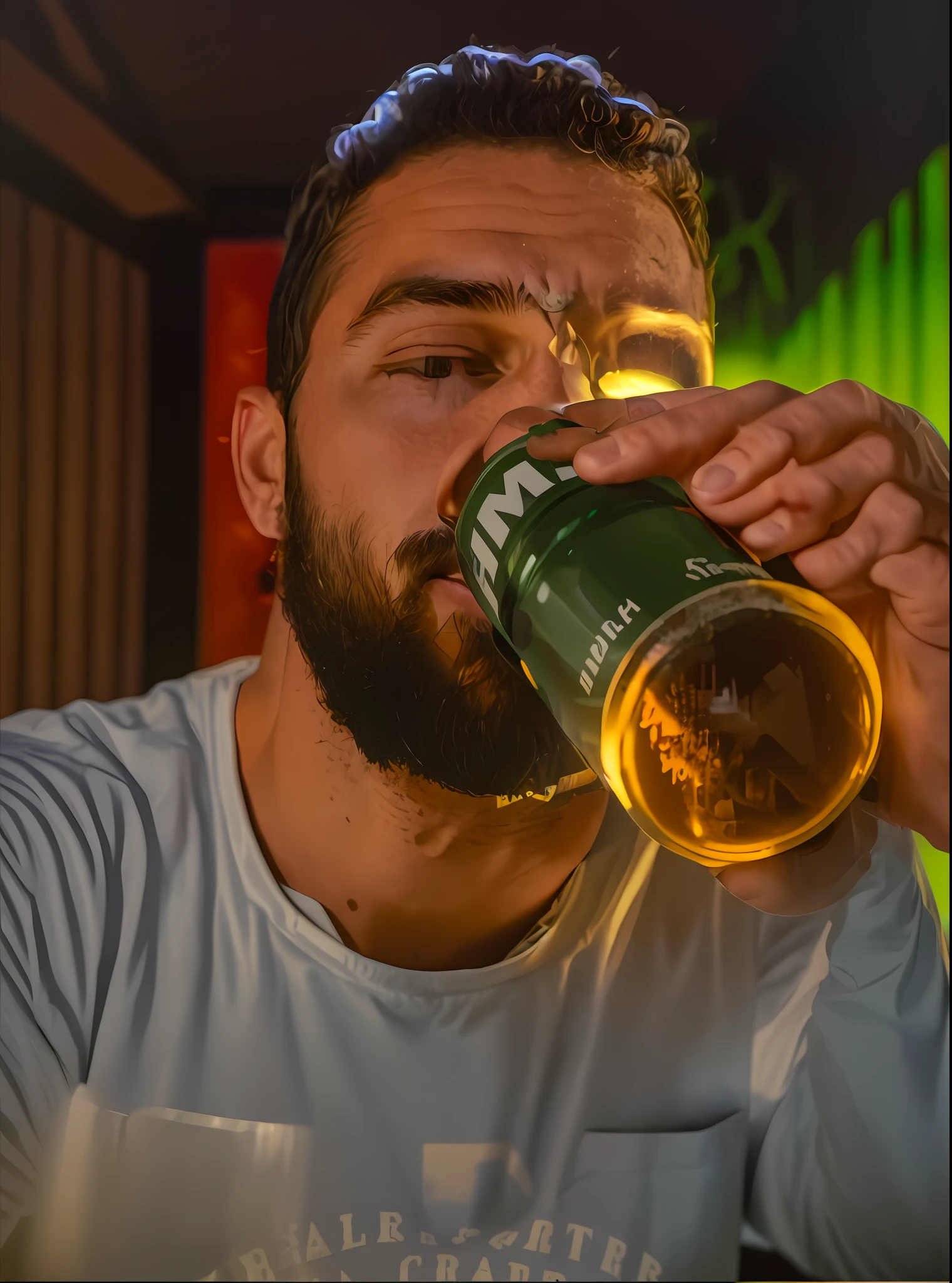 arafed man drinking from a can of soda in a room, twitch streamer / gamer ludwig, drinking a beer, drinking beer, man drinking beer, with a drink, drinking a bottle of coca-cola, holding beer, holding a can of beer, holding a drink, profile pic, holding a beer, profile photo, very thirsty, low quality photograph, profile image