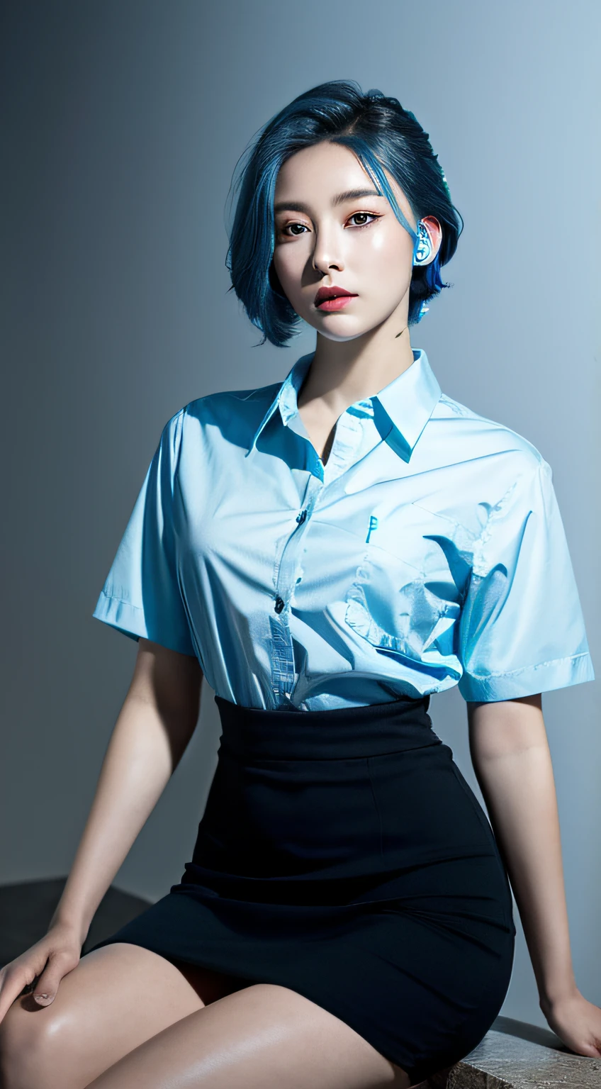 ((Masterpiece)), (Best Quality), (Detail), (1girl), Blue Hair, Blue Glowing Eyes, Upstyle, White Shirt, Black Skirt, Looking Down on the Viewer