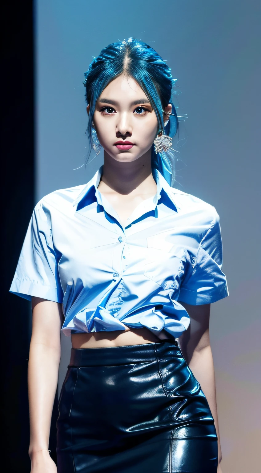 ((Masterpiece)), (Best Quality), (Detail), (1girl), Blue Hair, Blue Glowing Eyes, Upstyle, White Shirt, Black Skirt, Looking Down on the Viewer