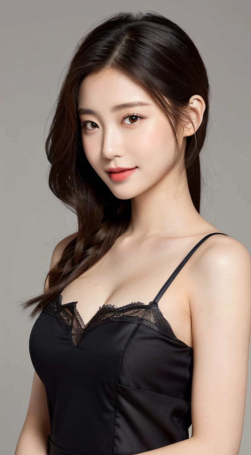 (Best quality, 8K, masterpiece:1.3)) , (One: 1.4), 1girl, A Korean woman, A goddess, 25 years old, portrait photography, God perspective, aperture F1.2, focal length 24mm, (Full body: 1.2), smile, pose for photos, fine lace bra, suspenders, one-shoulder dress, simple cut dress, brand dress, simple cut, long black hair, hair tied up, double detailed skin details, detailed fabric texture