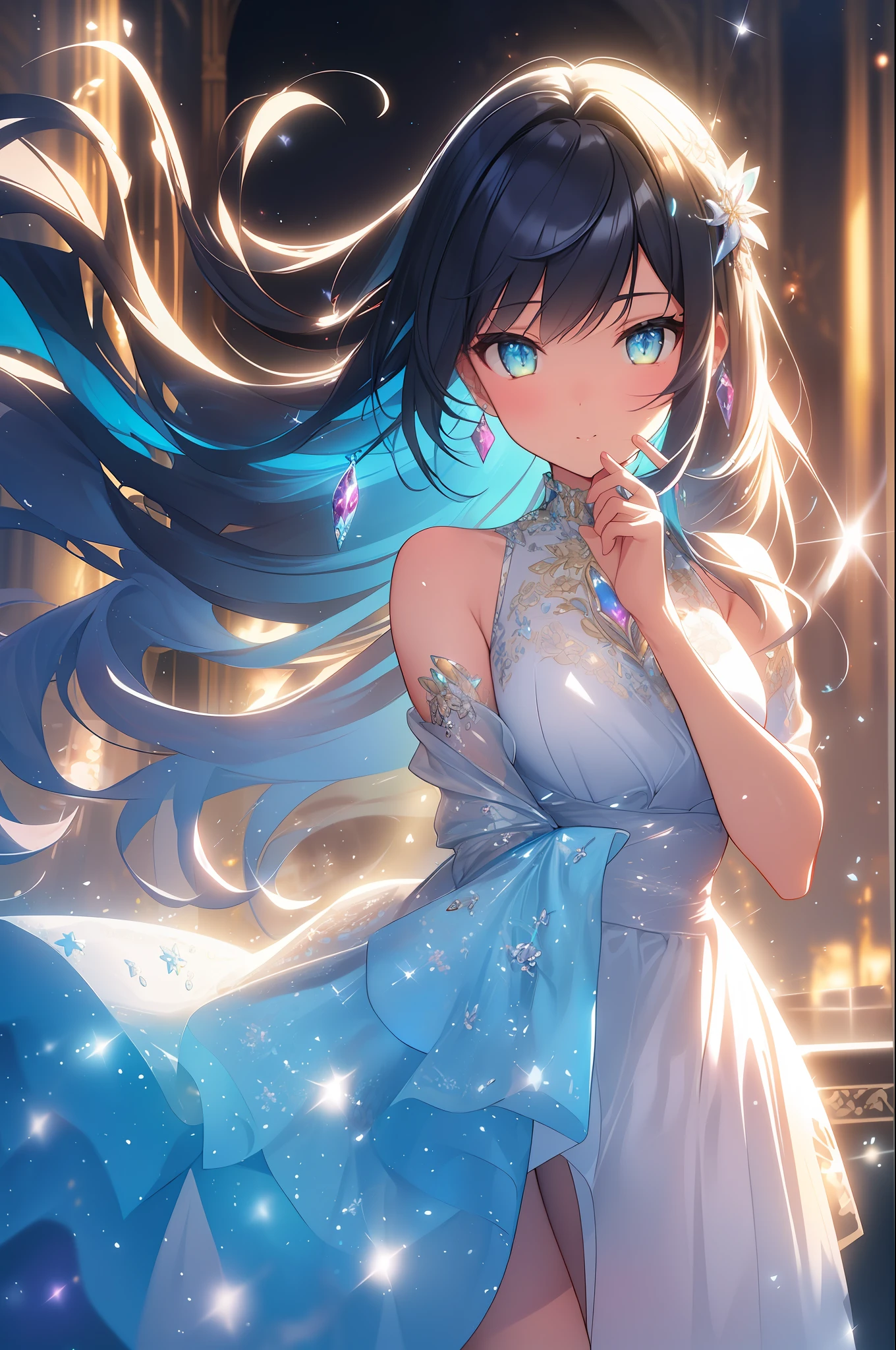 (Masterpiece:1.2), best quality, (illustration:1.2),(Masterfully crafted Glow, lens flare), (ultra-detailed), hyper details, (delicate detailed), (intricate details), (cinematic light, best quality Backlights), clear line, solo female, solo female, perfect body, (1girl), (bioluminescent hair:1.2), (glowing eyes), (Dynamic:1.2), ((makeup)), high contrast, (best illumination, an extremely delicate and beautiful), ((cinematic light)), colourful, powerful, (Cinematic masterpiece), Stick figure, splashes of colour, absolutely eye-catching, ((colourful paint splashes on background, dulux,)), ((caustic)), dynamic angle, beautiful detailed smoke, (Captivating),(Intricately Detailed Cinematic background:1.1), ambient occlusion, ambient light, ray-traced reflections, gem, sparkle, radiant aura, glowing hair