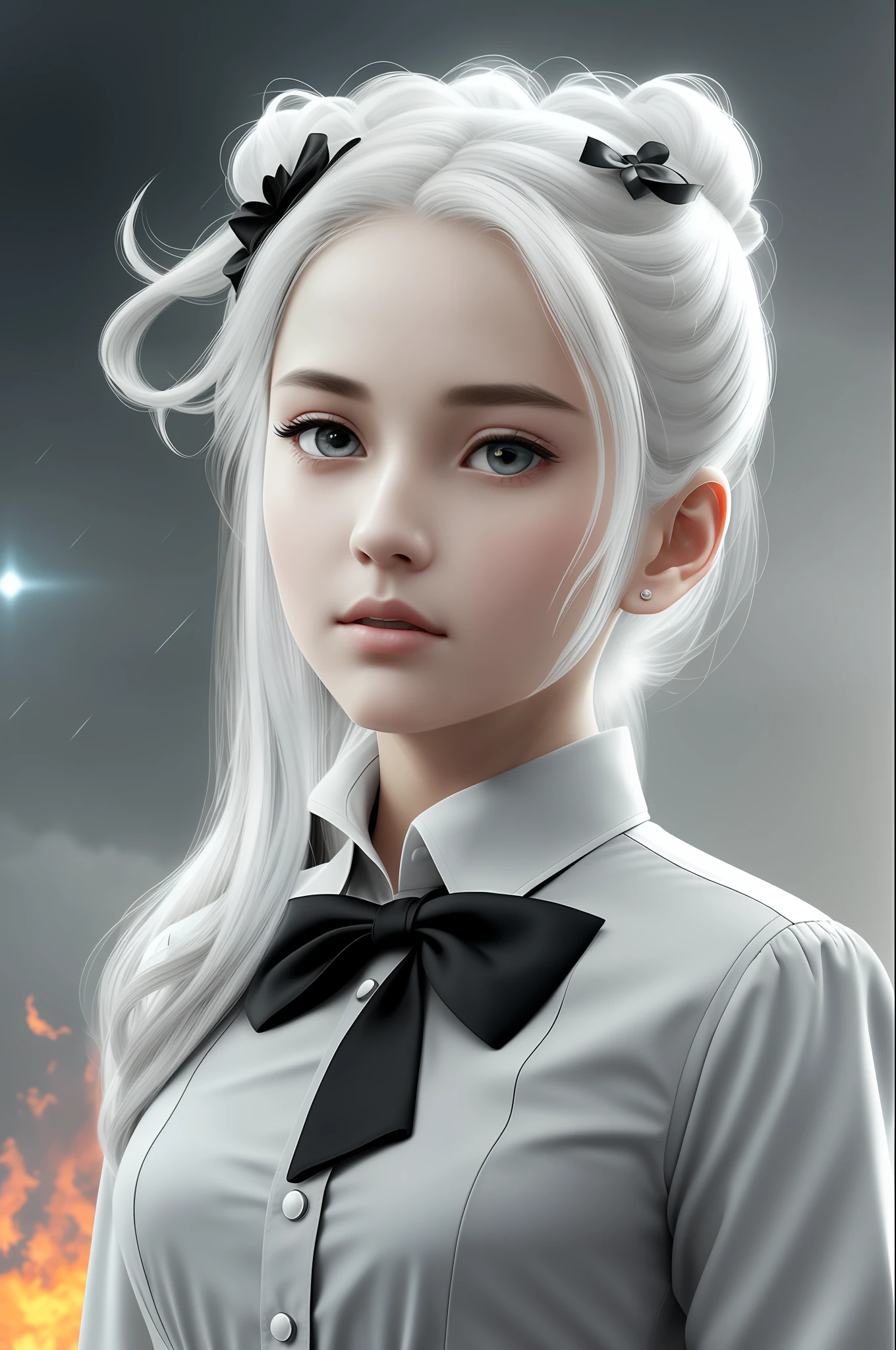 masterpiece, exquisite, illustration, {beautiful and meticulous girl}, beautiful and detailed halo, (fire of war: 1.2), (nuclear explosion behind: 1.3), rain, detailed lighting, detail water, (beautiful and detailed eyes: 1.1), expressionless, palace, sky blue hair, tered hair, long bangs, eyebrows, (white-gray dress: 1.1), black ribbon, white bow tie, upper abdomen, big forehead, dull, flower, long sleeves