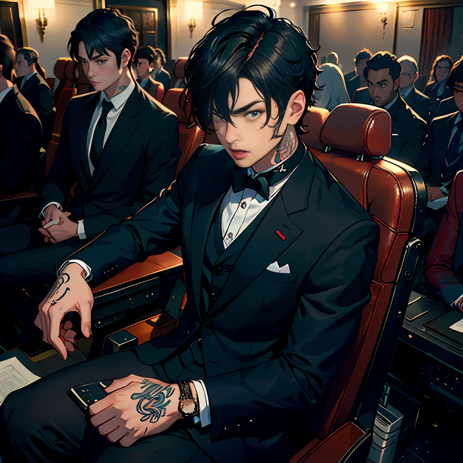 A middle-aged man, wearing a suit, (beard and charming) movie scene, (impeccable), wearing sunglasses, serious and elegant man, looks very much like actor Jamie Dornan, thick male eyebrows, short black hair, wide eyes, surprised expression, open mouth, sitting in the auction seat, behind him are rows of seats, sitting rich businessmen from all over the world, lights, similar to cinema scenes, colorful, magnificent, master works, super high detail, masterpieces, the best picture quality