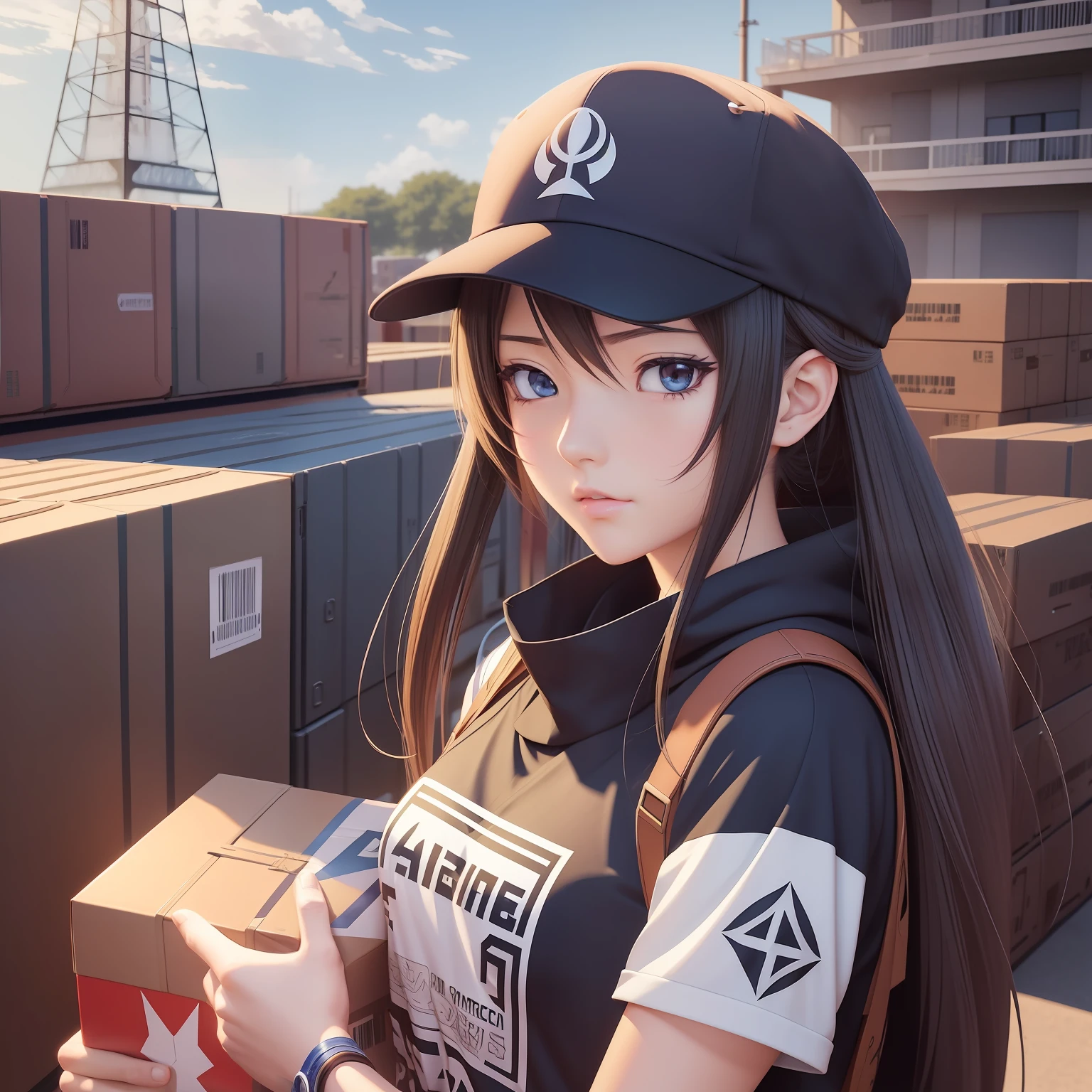 Anime girl in cap carrying a large shipping logo box, sleek anime graphics, digital anime illustration, mail delivery, realistic anime 3D style, artgerm and atey-gailan, high-quality anime art style made with anime artist studio, pure detailed anime art, anime style illustration