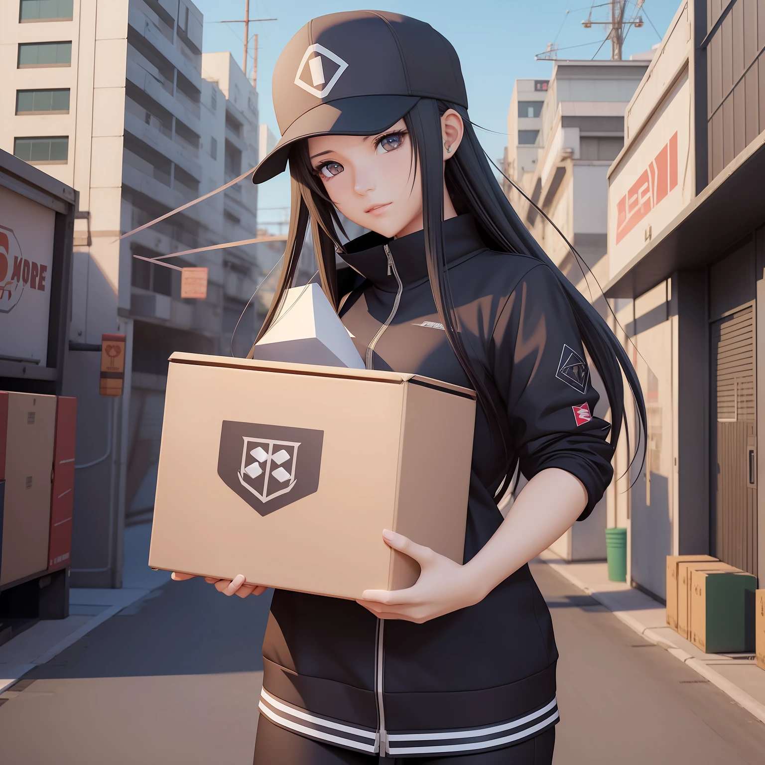 Anime girl in cap carrying a large shipping logo box, sleek anime graphics, digital anime illustration, mail delivery, realistic anime 3D style, artgerm and atey-gailan, high-quality anime art style made with anime artist studio, pure detailed anime art, anime style illustration