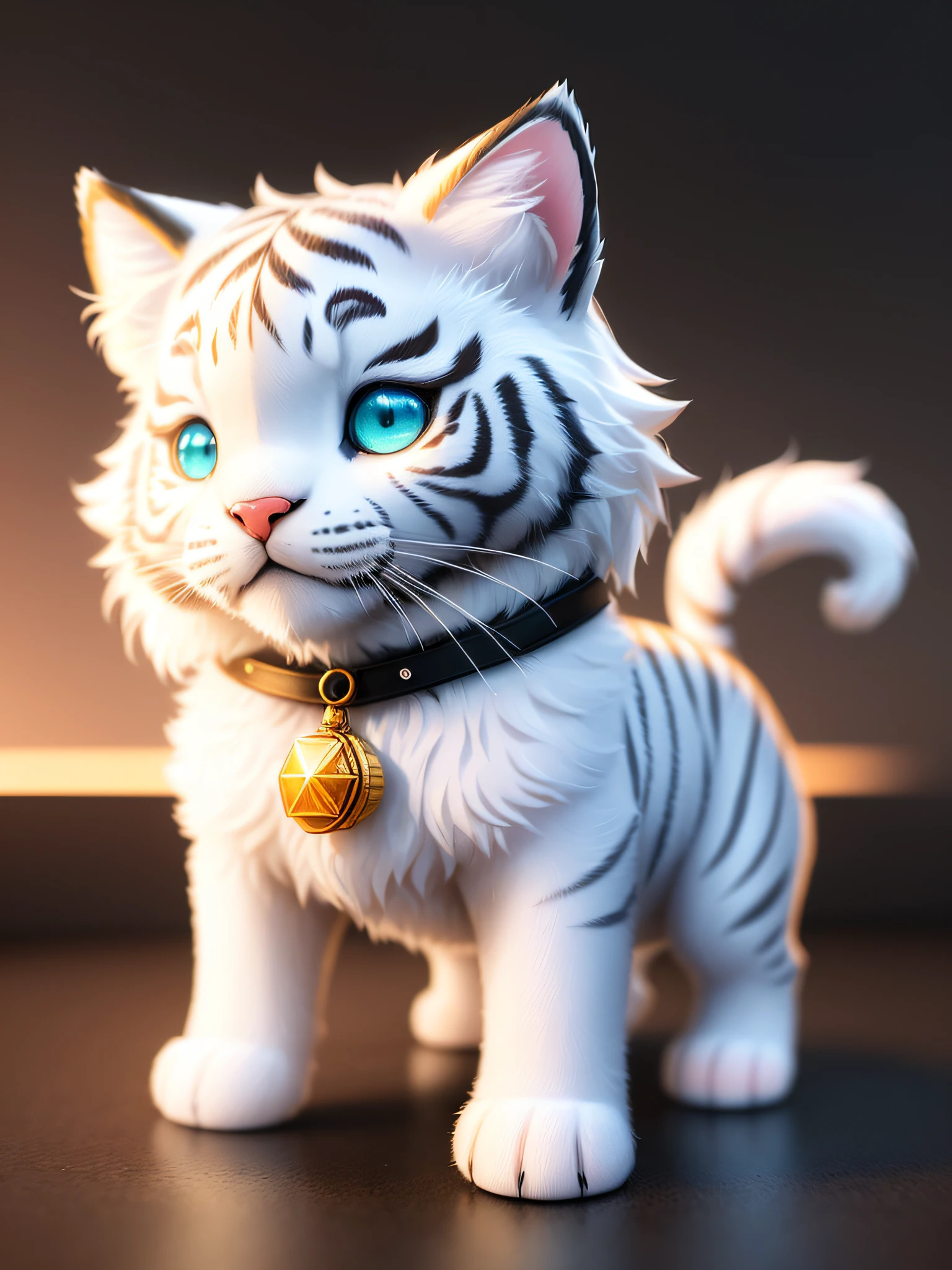 cute tiny  hyperrealistic white tiger with different color eyes waring a necklace, Chibi, adorable and fluffy, logo design, cartoon, cinematic lighting effect, charming, 3D vector art, cute and quirky, fantasy art, bokeh, hand-drawn, digital painting, soft lighting, isometric style, 4K resolution, photorealistic rendering, highly detailed clean, vector image, photorealistic masterpiece, professional photography, simple space backdrop, flat white background, isometric, vibrant vector