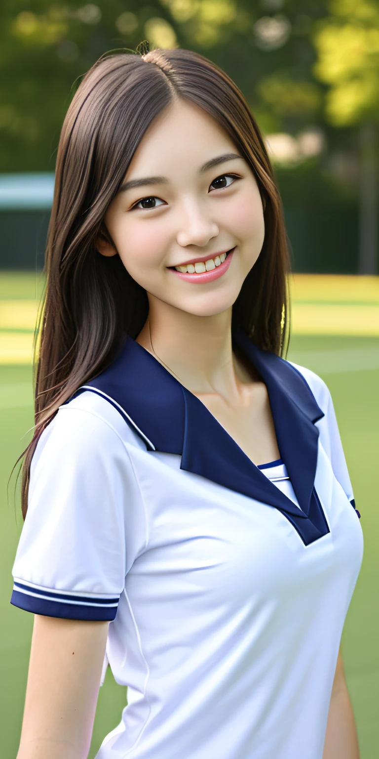 neat college girl, petite, (school uniform, summer clothes, short sleeves), outside the athletic field, (slim), photorealistic, detail, skin texture, ultra detail, delicate sexy collarbone, smile, super detailed face, detailed lips, detailed eyes, breast enhancement, waist thin