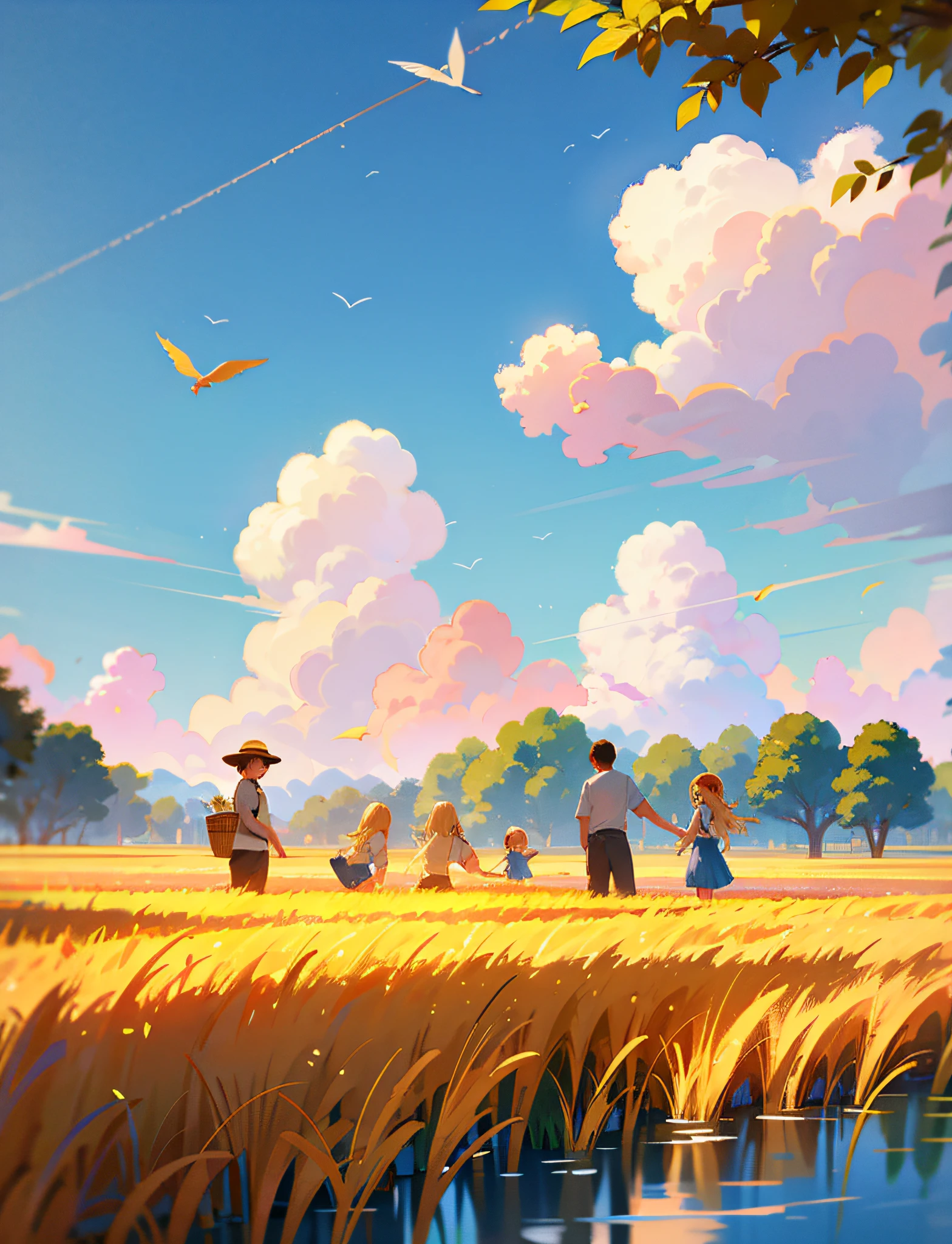 By the lake, a group of children are playing happily and splashing water. A lush forest surrounds a tranquil lake with sparkling water reflecting the blue sky and white clouds. Families picnicking in the shade and enjoying the summer. In the distance, the golden wheat fields sway with the wind, like a golden ocean. Farmers are harvesting crops and celebrating the harvest season. On the other side of the field, some young people are flying kites, and the colorful kites are dancing in the blue sky.
