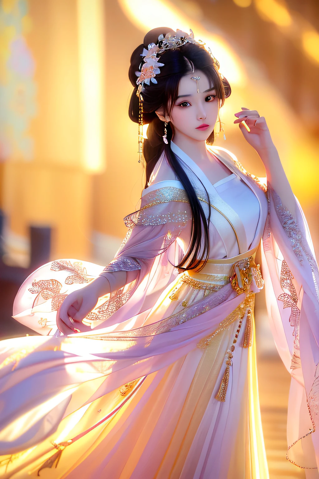 (Masterpiece: 1.0), (Best Quality: 1.4), (Super High Resolution: 1.2), (Fine Illustration: 1.4), (8k, RAW Photo: 1.2), (Soft Focus: 1.4), Adult Women, (30: 1.3), (Sharp Focus: 1.4), (Japanese: 1.0), (China:0.5), ((Liu Yifei)), Black hair, High quality, Masterpiece, Delicate facial features, delicate hair, delicate eyes, delicate hair coloring, 4K picture quality, brilliant light and shadow, (masterpiece), (best quality), (1girl), round eyes long hair, outward shooting, bright colors, symmetrical face, perfect skin, volumetric light, stunning environment, rich details, hyperrealism, impersonation, thick lips, beautiful lips, intricate hair accessories, cinema lights, bright light, bright colors, bokeh background, (floral background), earrings, Big breasts, hands behind your back,