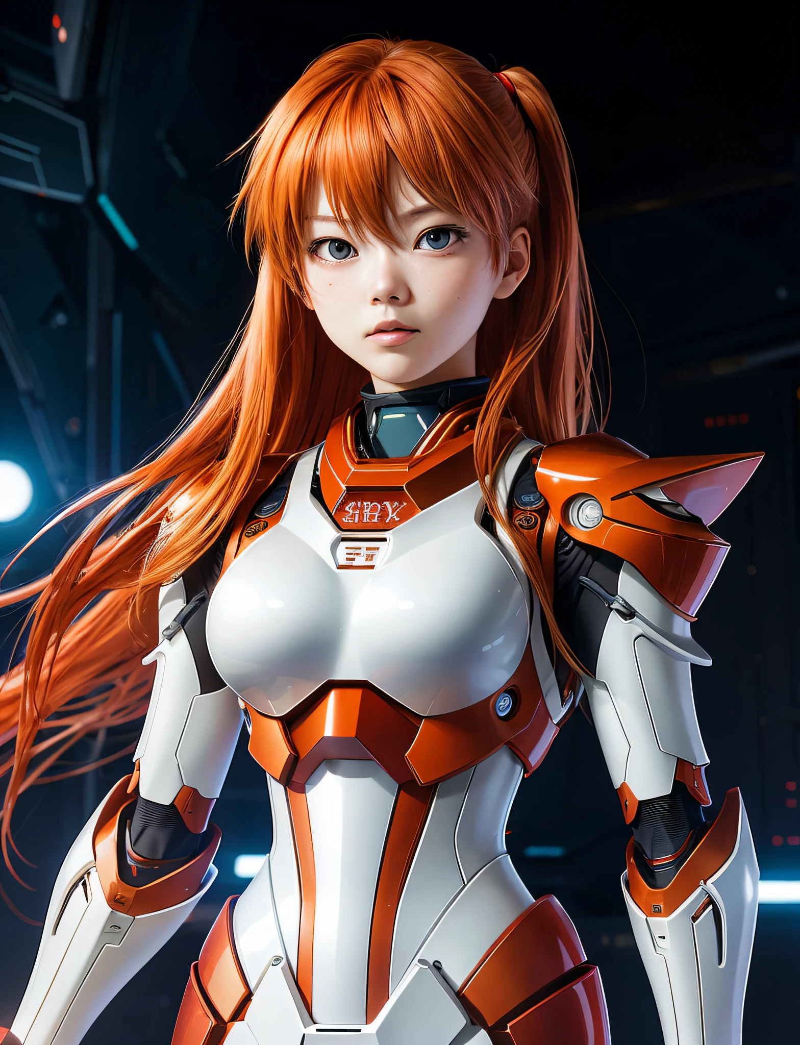 Asuka Langley Soryu, studio photography , good lighting,full sci-fi armor, portrait shot, upper body,looking at viewer, facing viewer,