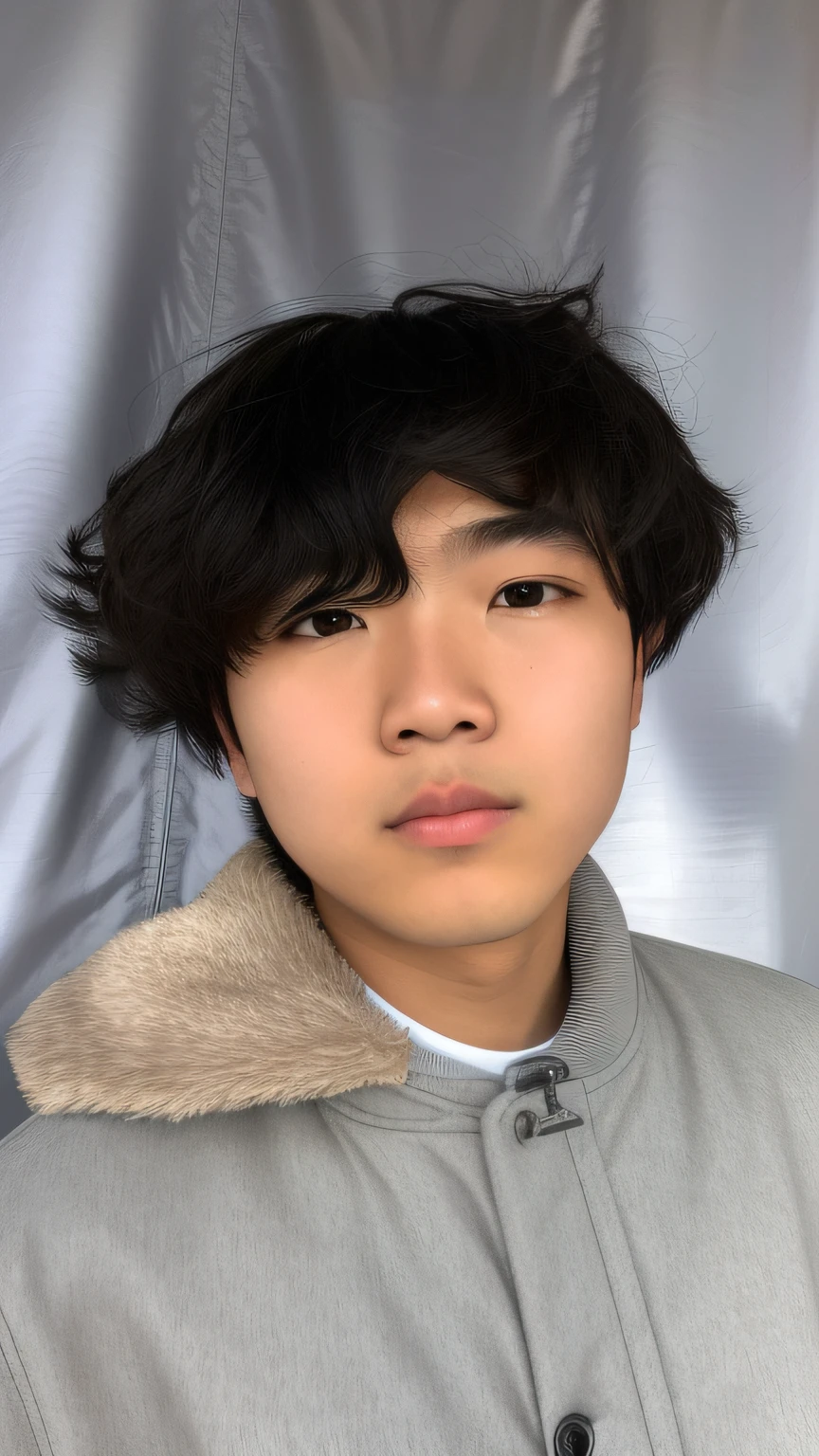 arafed man with a gray jacket and a white shirt, detailed face of a asian boy, south east asian with round face, asian face, asian male, with no facial features, real detailed face, boy with neutral face, korean symmetrical face, young cute wan asian face, highy detailed face, south korean male, soft eyes and narrow chin