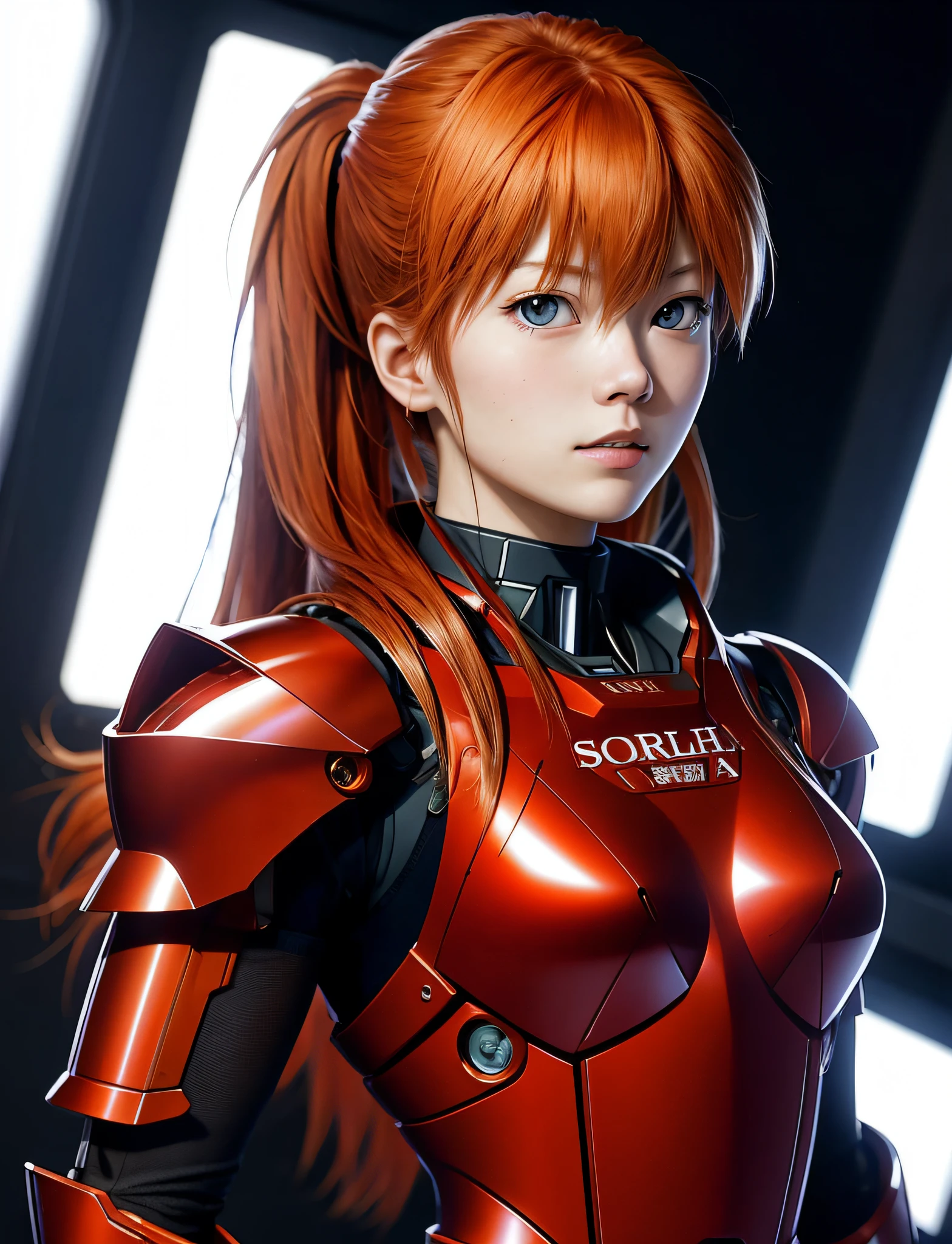 Asuka Langley Soryu, studio photography , good lighting,full sci-fi armor, portrait shot, upper body,looking at viewer, facing viewer,