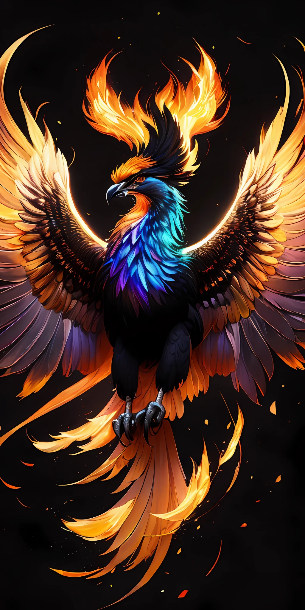 intricate and colorful, (digital painting:1.2) of phoenix firebird, (black background), by Artgerm, concept art, octane render, trending on artstation, iolibt, vfx, Blender and Photoshop, octane render, excellent composition, cinematic atmosphere, dynamic dramatic cinematic lighting, aesthetic, very inspirational, arthouse