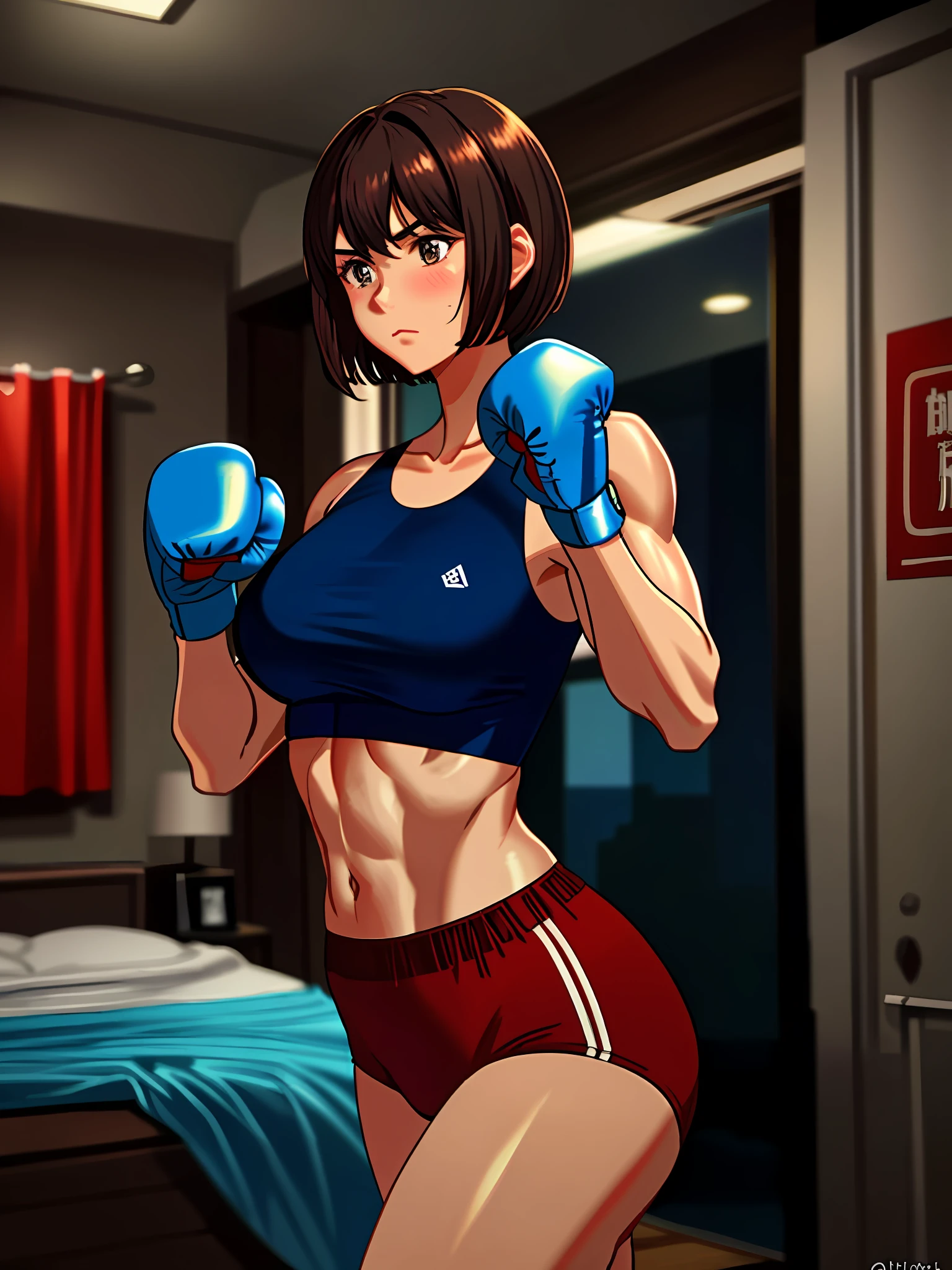 Dark brown hair. Shortcut hair. Rather muscular woman. ((Late Night Bedroom)). Embarrassed face. Red cheeks. Underwear. Blue boxing gloves. Well-shaped boxing gloves. One woman. Slender