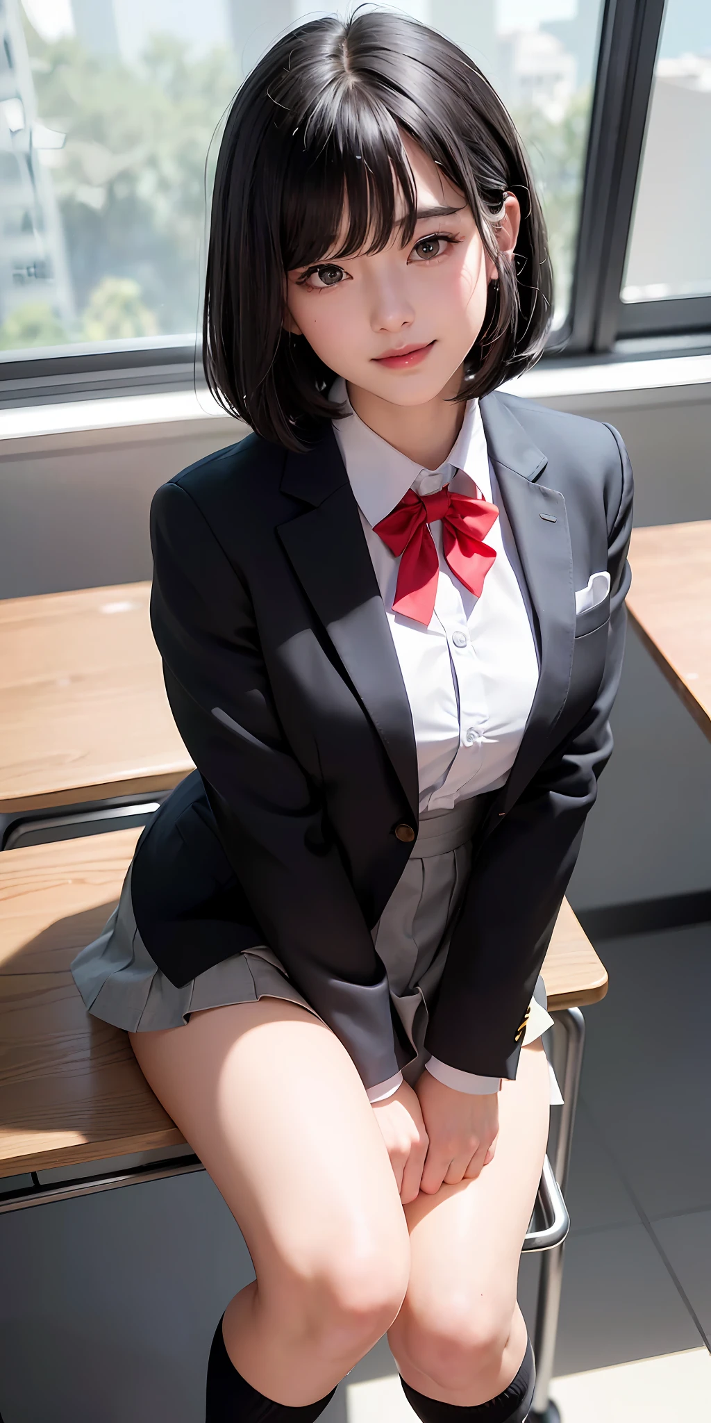 ((8k, RAW photos, top quality, masterpieces), high-definition RAW color photos professional close-up photos, (realistic, photorealism: 1.37), (highest quality), (best shadows), (best illustrations), collarbones ((big)), ((erotic, sexy, ultra high resolution, high-definition CG unified 8K wallpapers, physically based rendering, movie lighting), (aegyo sal:1), 18 year old girl, (grey blazer, ribbon, socks, high school uniform: 1.2), high school classroom, beautiful detail eyes, light on the face, ((full body shot: 1.2)), especially strong light, (upper eyes, grinning smile:1.2),shiny skin, (((black hair, bob hair:1.2))), ( thick thighs), ulzzang-6500-v1.1:0.2, shy, (flash:1.2), NSFW , (puffy), ((seductive posture: 1.2, attractive: 1.2)), (idle), (sitting at a desk in classroom: 1.2)), ((good anatomy: 1.2)), ((bright and refreshing classroom, background blurred: 1.2)), perfect face, cute face, (high angle shot:1.2)
