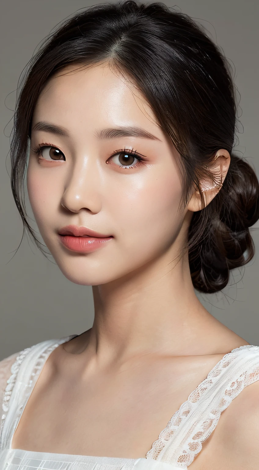 (Best quality, 8K, masterpiece:1.3)) , (one person: 1.4), 1girl, a Korean woman, a goddess, 25 years old, portrait photography, high contrast, God perspective, aperture F1.2, focal length 24mm, ( Full body: 1.2), smile, pose for photos, fine lace, slip dress, simple cut dress, brand dress, simple cut, long black hair, hair tied up, super detailed skin details, detailed fabric texture