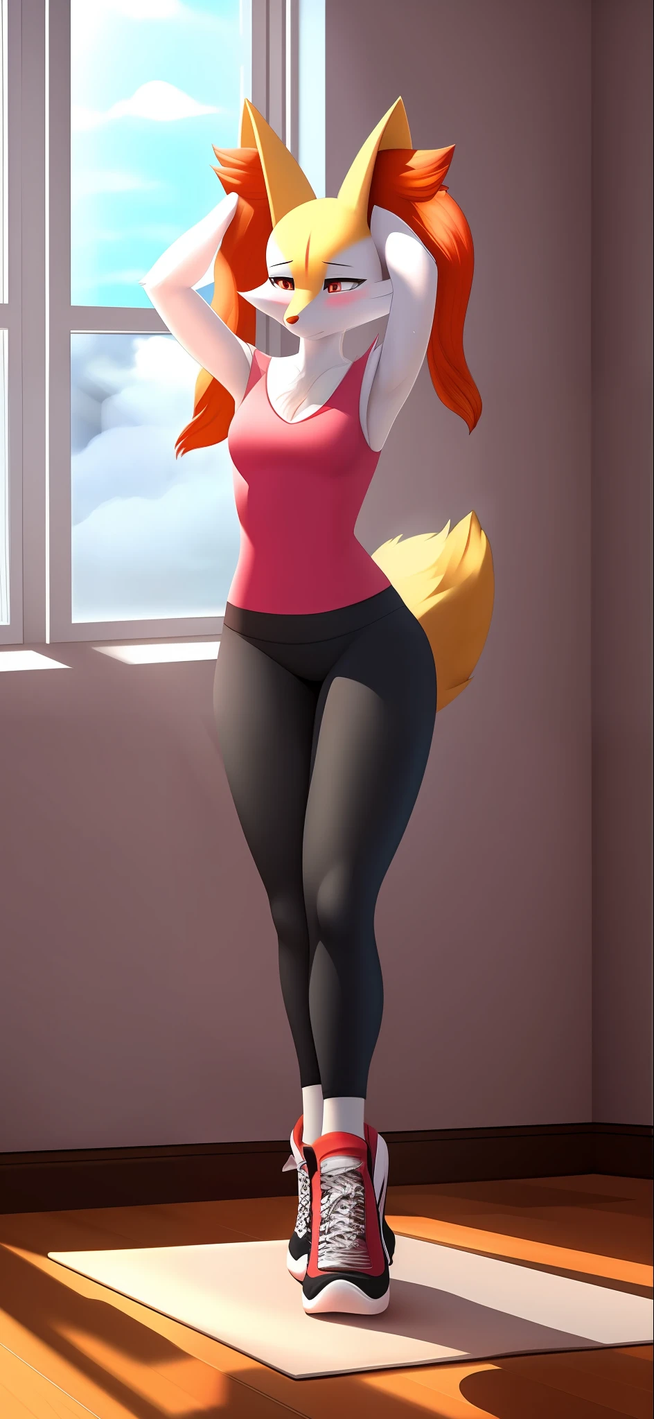 Braixen, ((beautiful portrait)), ((cinematic lighting)), ((render art)), furry, anthro fox, ((High definition)), pink top and yoga pants, sneakers, athletic figure, tight attire, sexy hips, perfect dynamic body form, [expressionless; (tired, sweaty, blushing)], (open room), [background; (Mat on floor, (window; daytime, trees, clouds)]