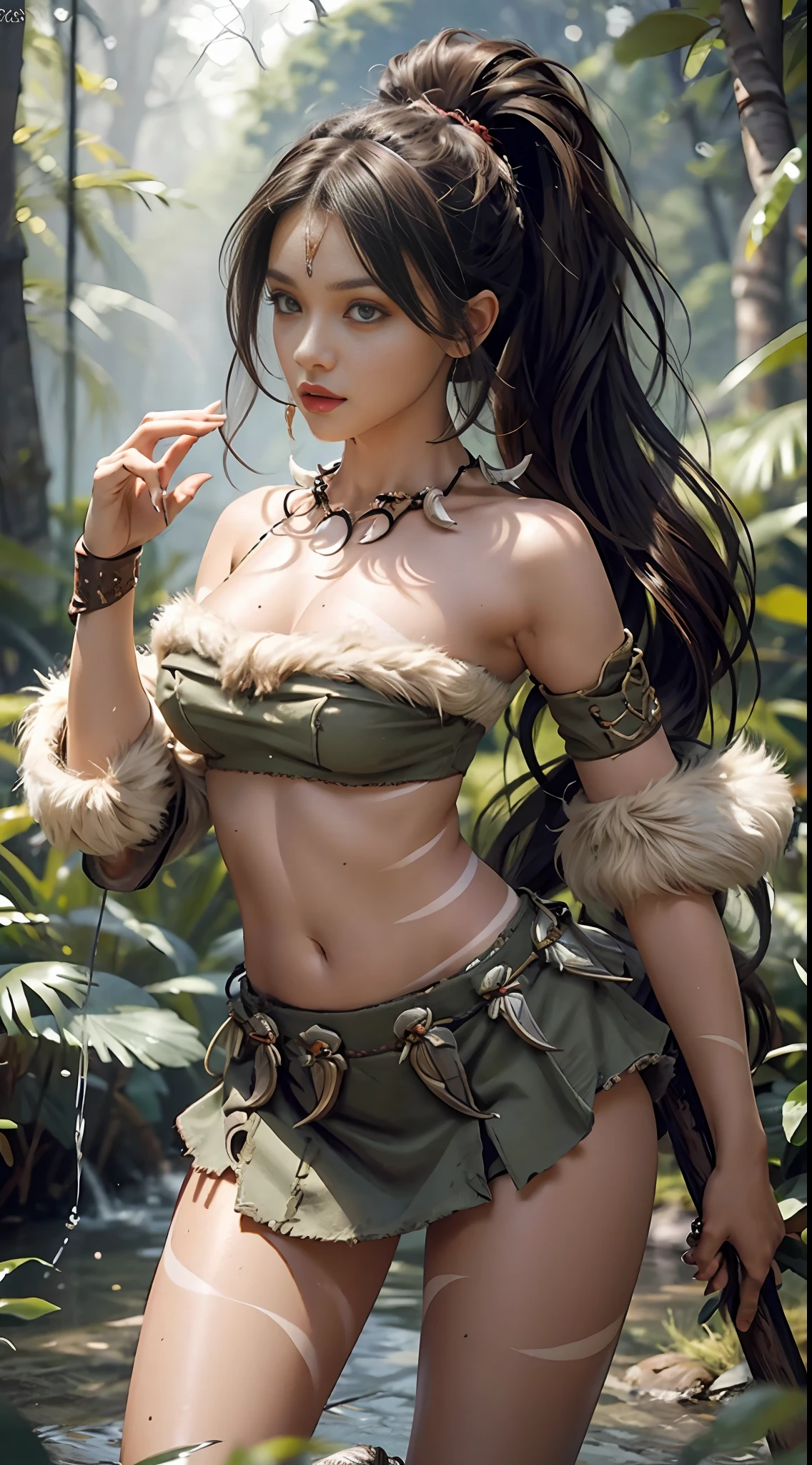 Masterpiece, best quality, intricate details, dynamic pose, full body shot, primeval forest, creeping, nidali, league of legends, heavy costume, absurd, gaures, cowboy shooting, 1 girl, body markings, brunette hair, spear, face markings, nails, chunky long fur trim, gemstones, vibrant eyes, jewelry, long hair, necklace, short skirt with ponytail, solo, giant tooth necklace, flowing hair, headband nidali, --s2