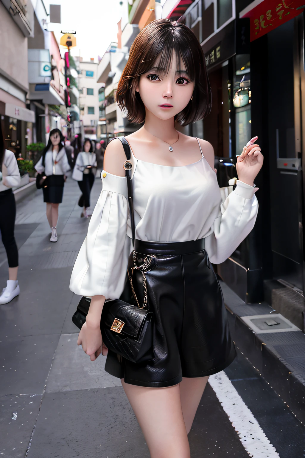 There is a woman who is on the street with a purse, Ulzzang, Korean girl, lovely young Korean face, beautiful young korean, beautiful young korean girl, wearing white sweater, young and beautiful girl, beautiful asian girl, with medium hair, beautiful south korean woman,