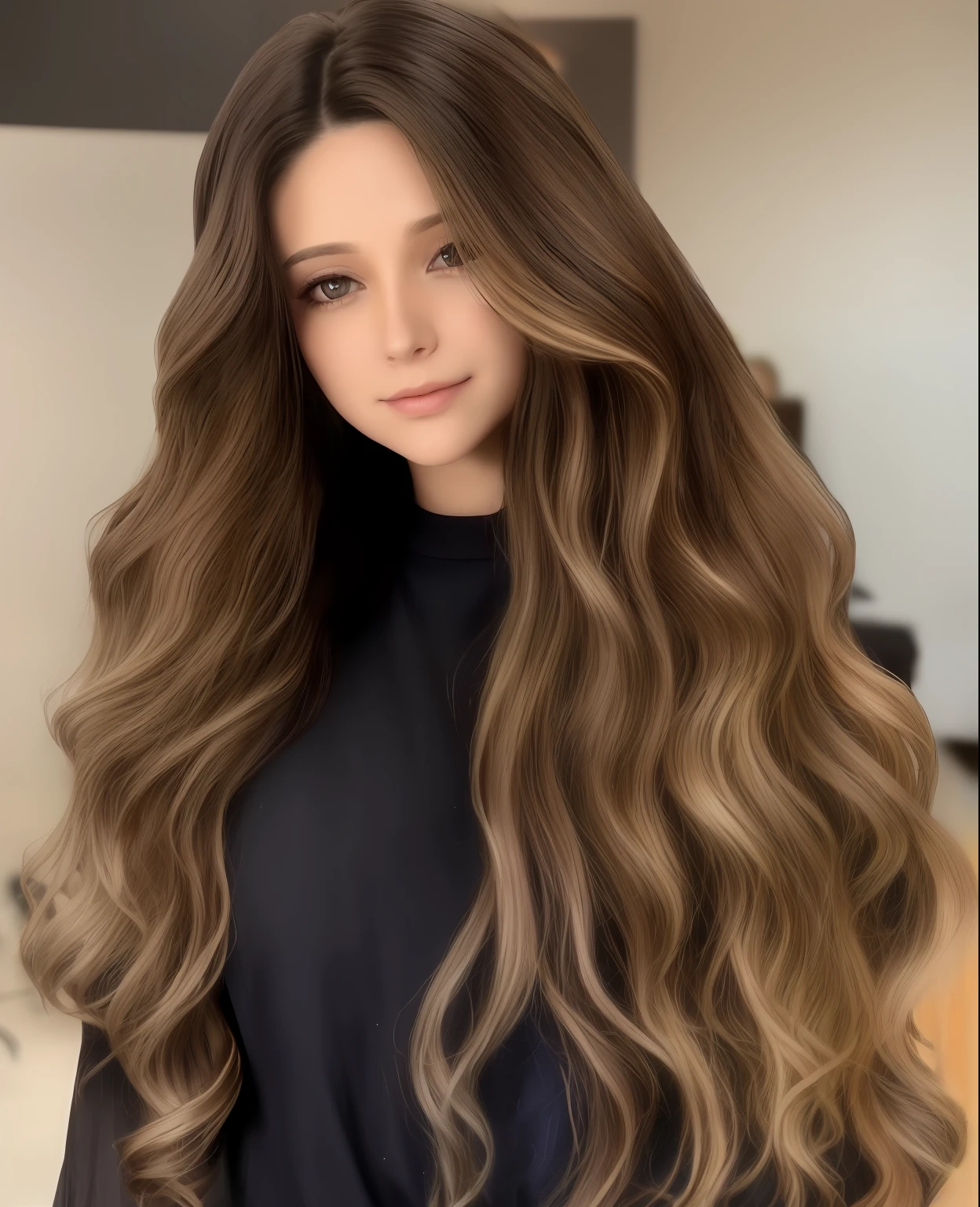 a woman with long, wavy hair and a black shirt, brunette with dyed blonde hair, brown colored long hair, long glowing ethereal hair, long flowing brown hair, long brown wavy hair, balayage, large highlights, long wavy brown hair, long wavy brunette hair, light brown long wavy hair, appealing long hair, brown flowing hair, long hairstyle