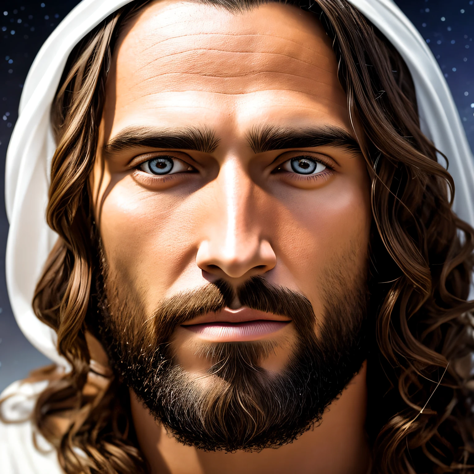 [An extremely ultra-realistic representation of the face of Jesus Christ, peaceful expression + white clothing + [ realistic textures, with lighting of the highest quality.] light background with stars and planets +[(+ photorealism):1.5, (celestial + peaceful expression + bright aura):1.3, (qualified digital rendering + attention to detail):1.2]