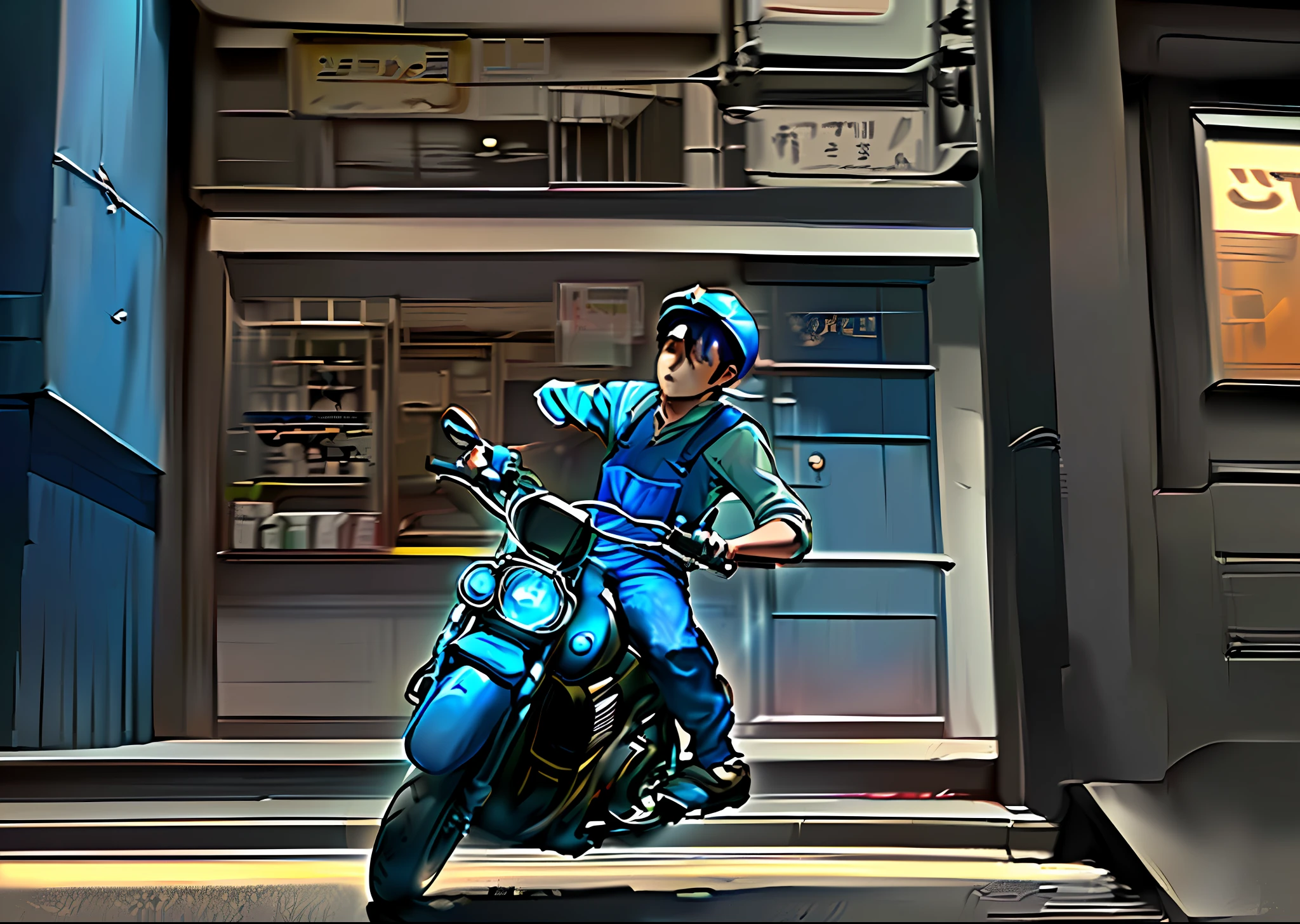 The courier, 1 boy, rode down the street on a motorcycle, wearing blue overalls and carrying a blue box