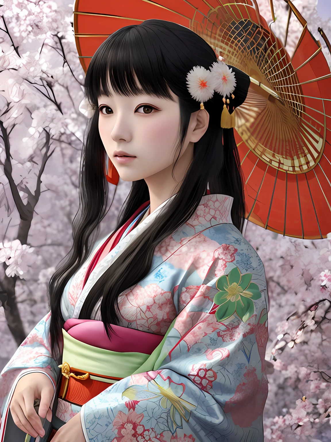 Digital painting inspired by Shinsui Ito, Artstation, maiko, kimono, kimono, highly detailed kimono, ****, Japan kimono, beautiful digital artwork, live-action style, wearing kimono, Japan woman, 3d anime real