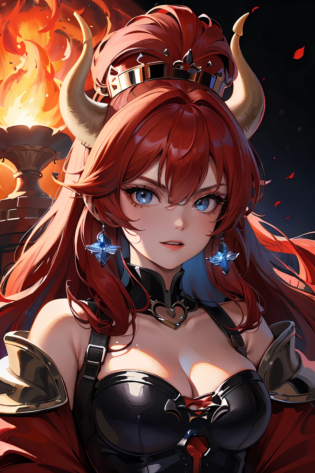 ((extreme detail)),(ultra-detailed),(painting), chiaroscuro, red hair, extremely detailed CG unity 8k wallpaper, best quality, portrait,RedBowsette,castle,castle background,lava,dark fantasy,blue eyes