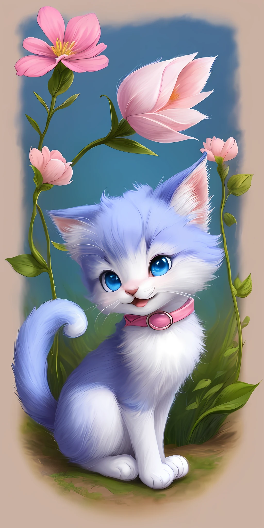 A kitten with a tiny tail, a small nose, small ears, blue eyes, pink background, flowers, vases, dreams, open mouth, smile, Caroline Chariot-Dayez pastels, tumblr, furry art, elokitty, Disney's Bambi cat, Disney's stylized furry, ears floating, fluffy tail, fluffy '', fluffy !!!, high resolution, furry art!!! The moon, small in size