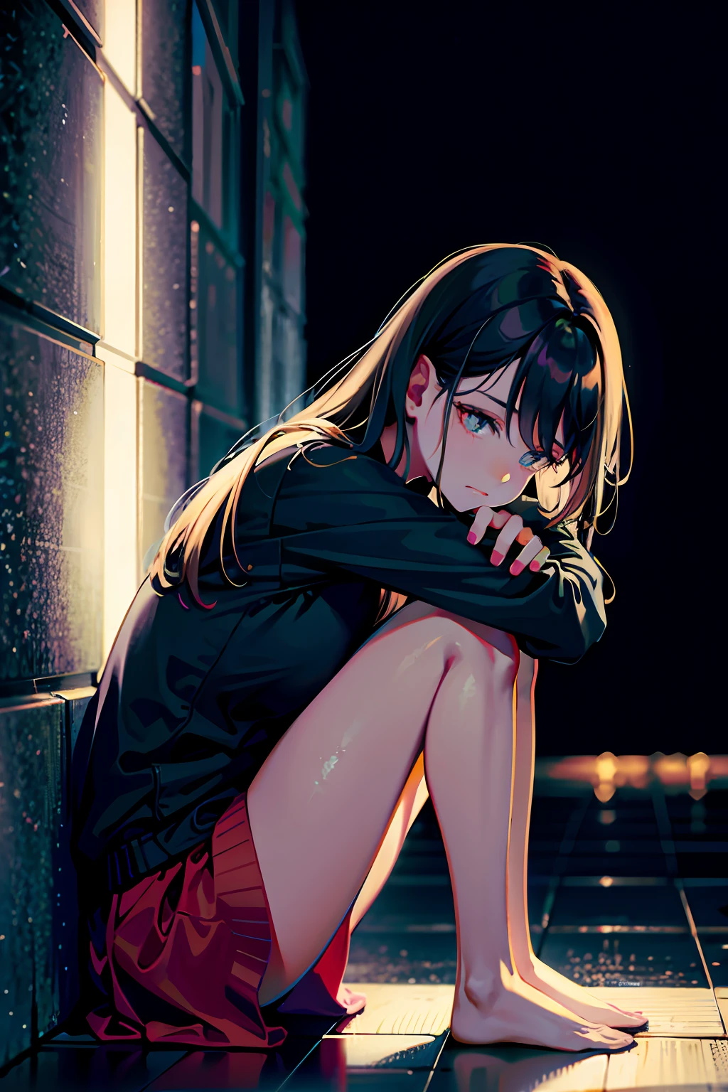 luz negra, 1woman, fora, noite, luzes da cidade, leaning against the wall with sad face looking at the floor,
