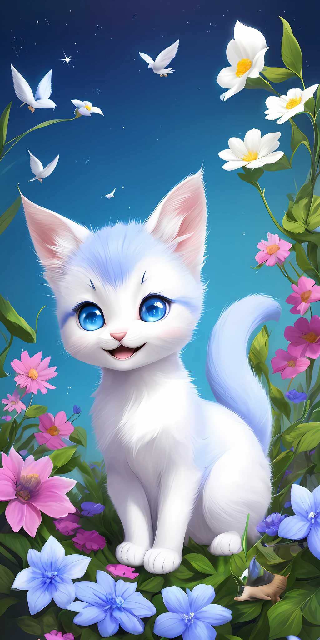 A kitten with a small tail, a small nose, small ears, blue eyes, blue background, flowers, vases, dreams, open mouth, smile, Caroline Chariot-Dayez pastels, tumblr, furry art, elokitty, Disney's Bambi cat, Disney's stylized furry, ear floating, fluffy tail, human cat, fluffy ', fluffy !!!, high resolution, furry art!!!