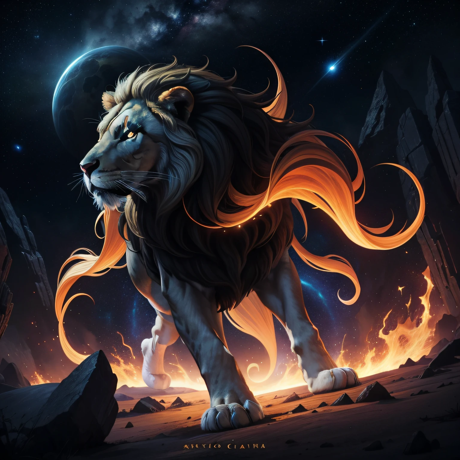 Leonus, Star Eater, cosmic, lion, white dust cloud, cosmic rays, piercing eyes, devouring planets, imposing, frightening, undulating coat of stars, sharp claws like comets, deafening stellar roar, pulsating cosmic energy, sinister glow in the eyes, insatiable hunger for planets, clouds of white dust in constant motion, colossal size, dominant and terrifying presence, menacing aura, vortices of cosmic energy around the body, flaming manes like stellar flames, bright constellations in the fur, dark and mysterious appearance, celestial fury, immeasurable force, cosmic destruction, defiance to the balance of the universe, symbol of stellar annihilation, universal fear, intergalactic predator, celestial shadows, devouring cosmic essence, astral voracity, evil radiance, elegant and deadly movements, silent and inexorable threat, celestial body in the shape of a lion, avenger of the cosmos, transcending the limits of existence, called the distant stars.
These updated parameters reflect the cosmic lion, Leonus, with its white dust cloud body, giving it an albino and mysterious appearance.