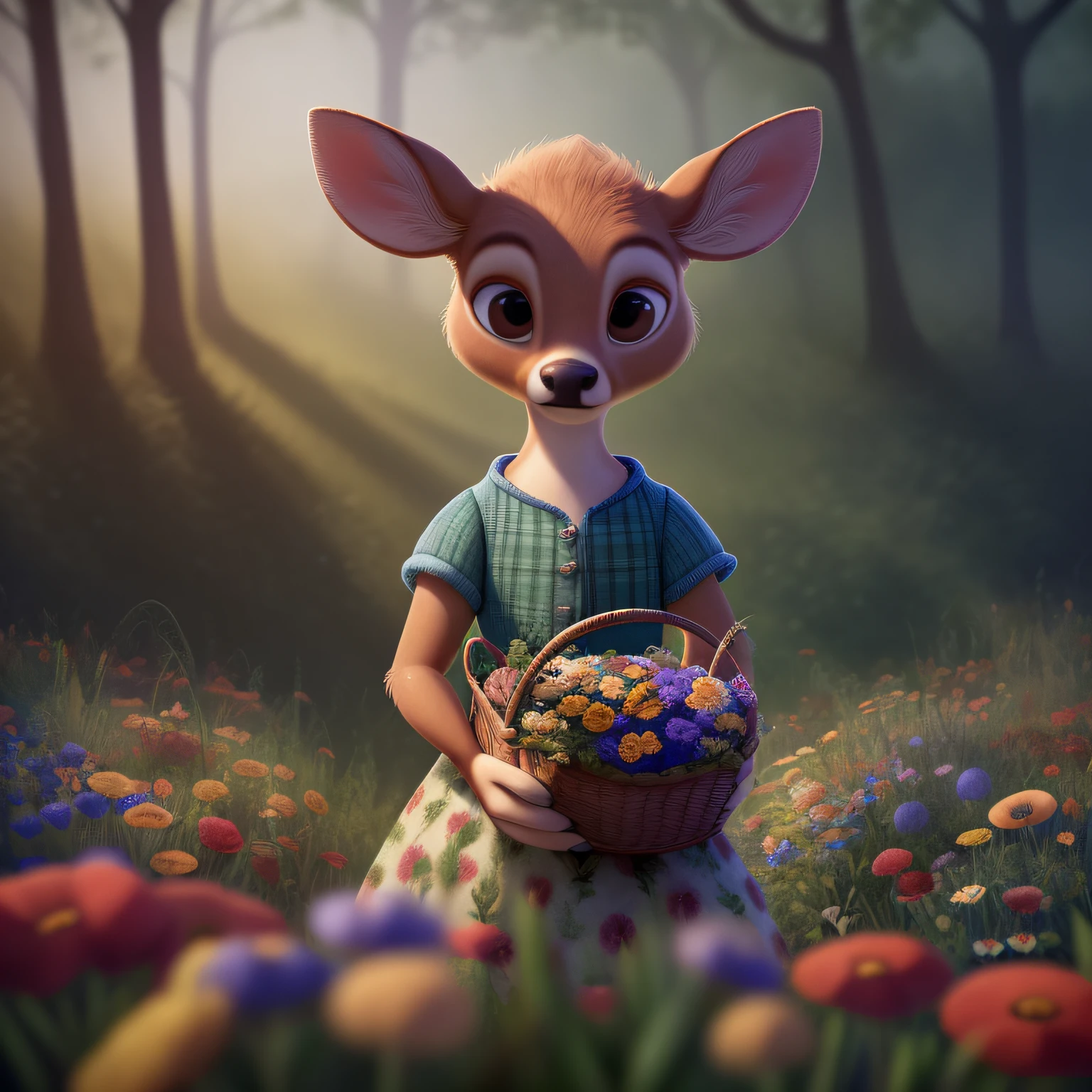 (pixarstyle:1.25) a waist-length portrait of a little deer with a basket of flowers, overgrown with poppy flower, natural skin texture, 4k textures, hdr, intricate, highly detailed, sharp focus, cinematic look, hyperdetailed