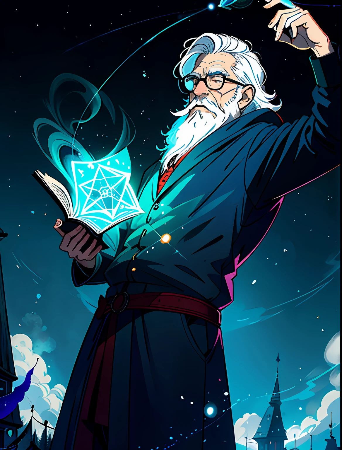((illustration)), colorful, wallpaper, energy, unknown terror, arcane, around magic, magic fence, magic stick, book, pages flying all over the sky, knows everything, predicting the future, know the past, infinite wisdom, blue flame, sorcerer, magic circle, pentagram, incantation, mantra, singing magic, old man, long beard, white, wizard, library, abandoned.